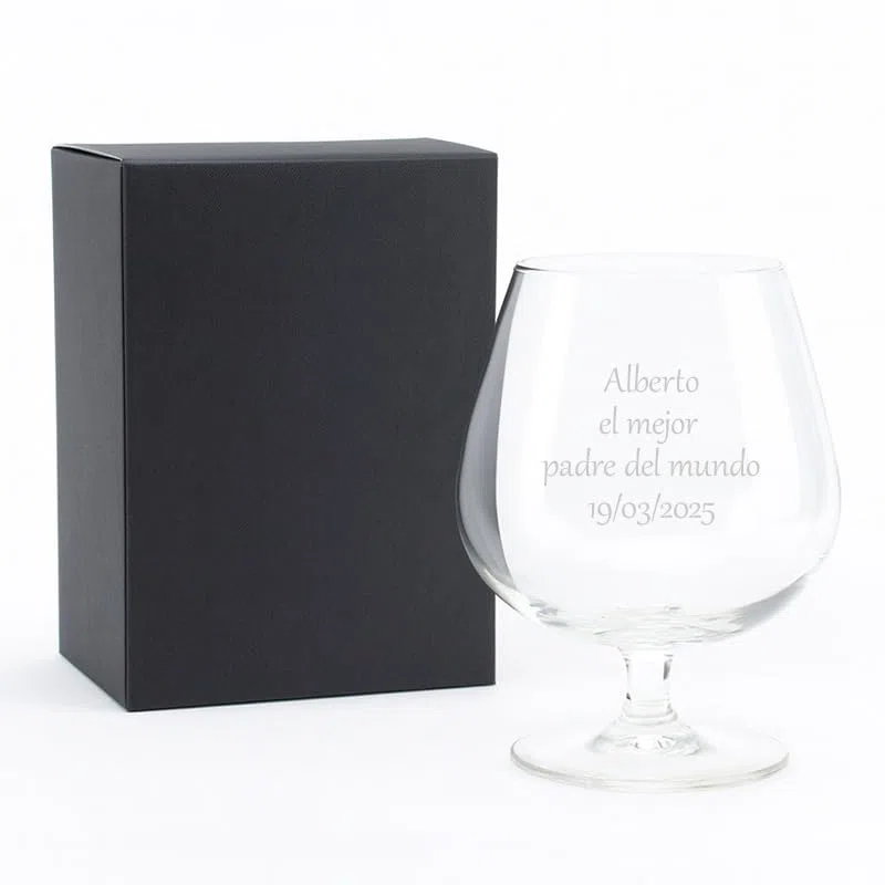 Copa de Coñac Grabada | Copa de Cristal con Caja de Regalo | Copa de coñac personalizada (Texto)