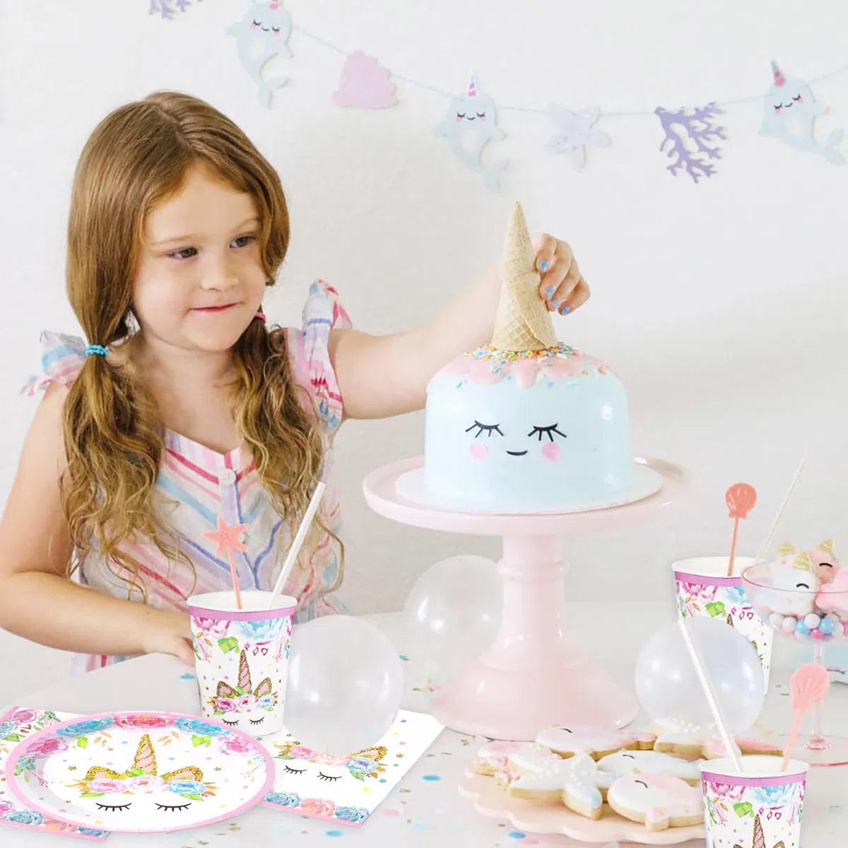 Bikasun Juego de vajilla de fiesta de unicornio, juego de 16 platos de unicornio, vajilla de cumpleaños infantil, platos de papel, tazas, servilletas, mantel, decoración para fiestas