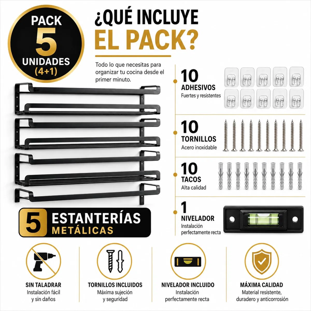 Especieros para Cocina, Pack de 5 (4+1 Extra), Organizador de Especias, 5 Estanterías Metálicas Negro Mate, Sin Taladrar, para Armarios y Baño, Incluye Nivelador, Adhesivo o Tornillos
