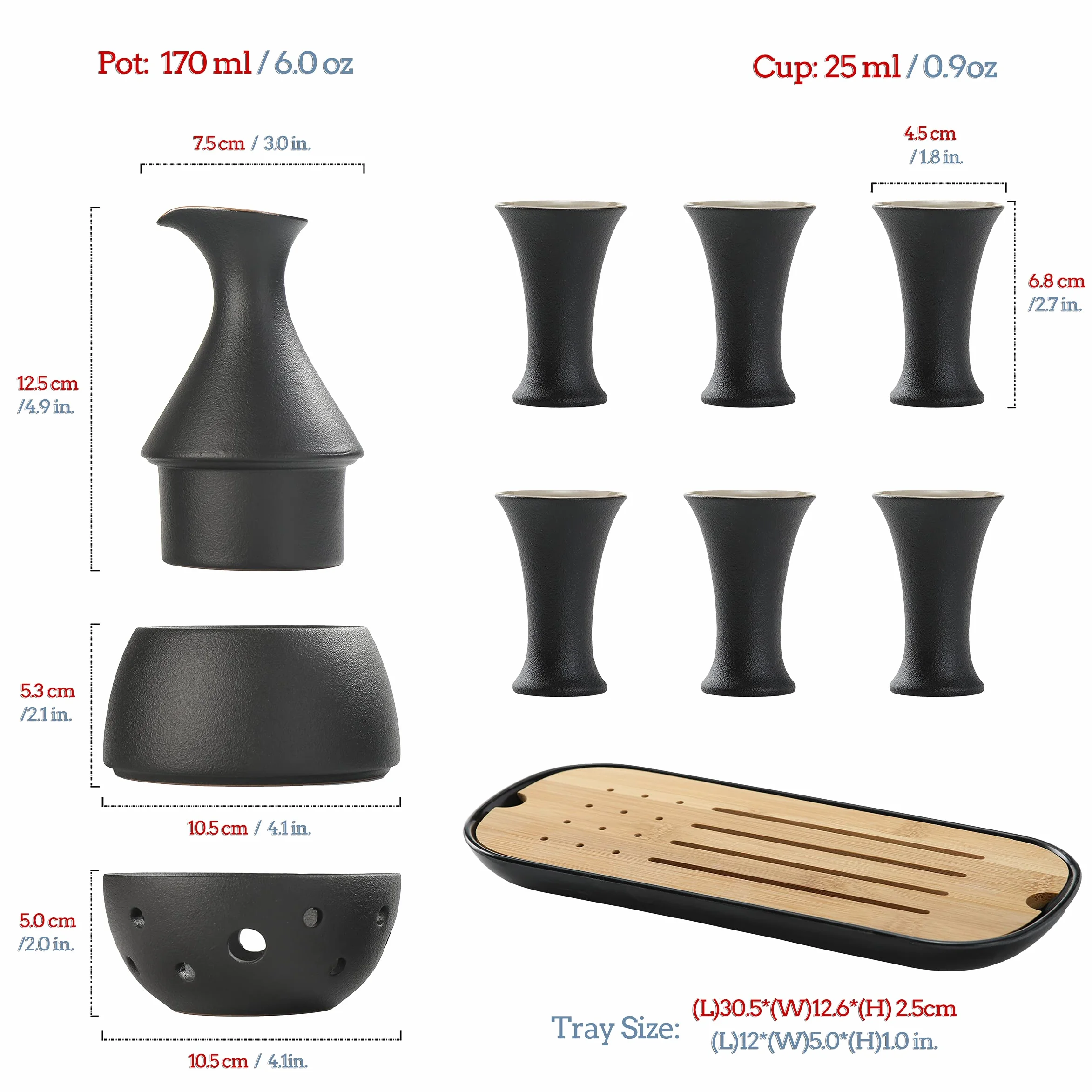 Juego de sake japonés tradicional TEANAGOO, jarra de sake (170 ml) con 6 tazas de sake (25 ml) para licor de soju japonés frío o caliente con juego de bandejas de bambú para servir 10 piezas/juego