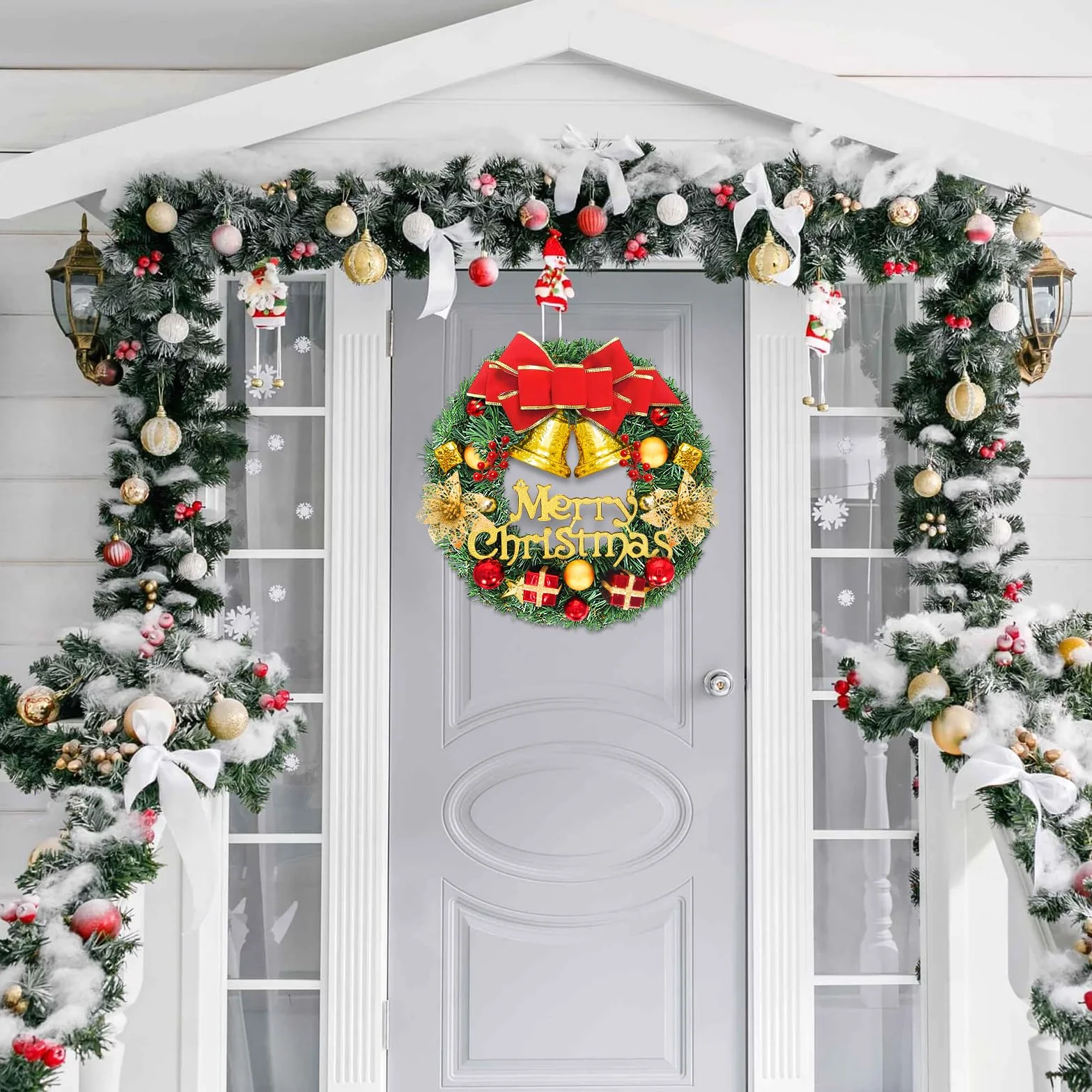 Corona Navidad Puerta, Corona navideña Artificial con Luces, 30 cm, Decoración para chimeneas y Paredes.