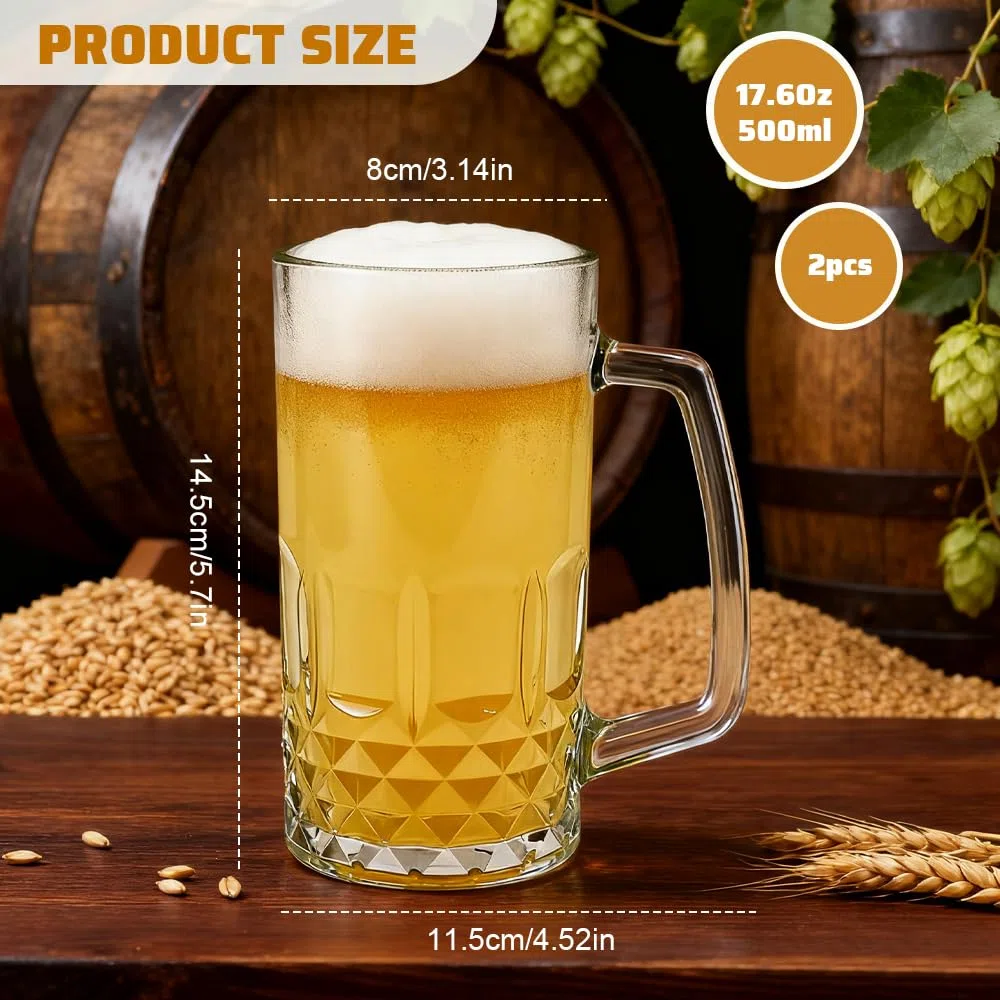 2 PCS Jarras de Cerveza de Cristal 500 ml, Vaso de Cerveza con Asa, Jarra deCerveza Grande y Estable, Taza deCerveza Transparente para Fiestas, Bares y Restaurantes -Aptas para Lavavajillas