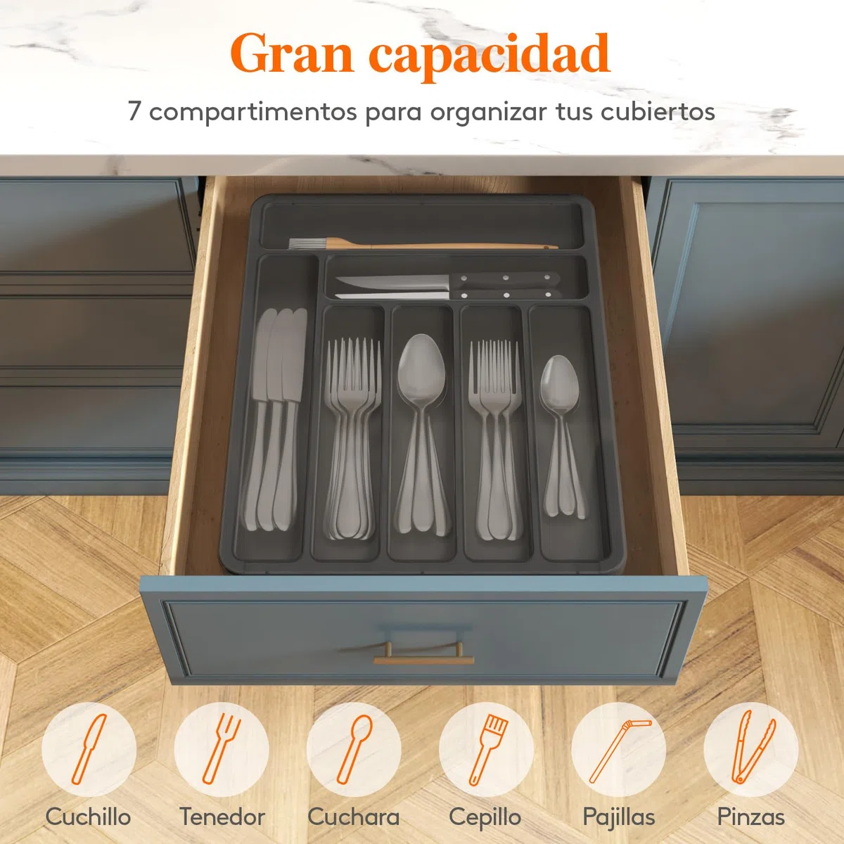 Lifewit Caja de Organizador de Cuberteros Con Tapa, Bandeja Utensilios de Plástico para Cajon Cocina Encimera, Caso de almacenamiento para Cuchillo/Cuchara/Tenedor/Vajilla, 7 compartimentos, Negro