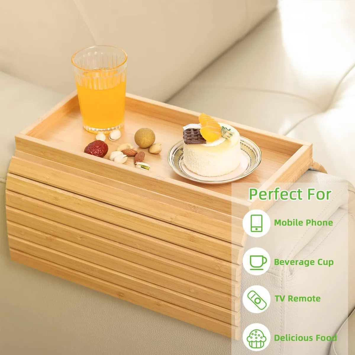Bamboo Couch Cup Holder-Klappbarer Sofa Armtablett mit Anti-Rutsch-Gewebe,Multifunktionaler Bambus-Armlehntisch für Snacks, Handy,Fernbedienung & Getränke,Umweltfreundlich & Platzsparend (#B)