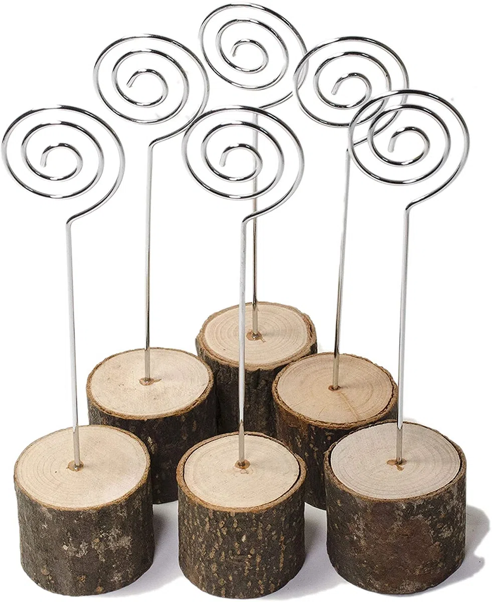 Voarge Soporte de madera rústica, con base de madera real, Memo Clip Portafotos Portanotas de Tocón Soporte para Tarjetas de Mesa Titular de Número y Foto, 20pcs con clip