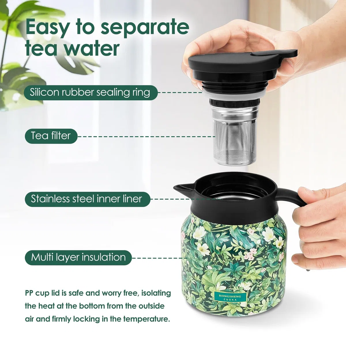 Termo con colador de té, tetera térmica de 800 ml, aislamiento multicapa, acero inoxidable, bien sellada, para café, té y leche (verde)