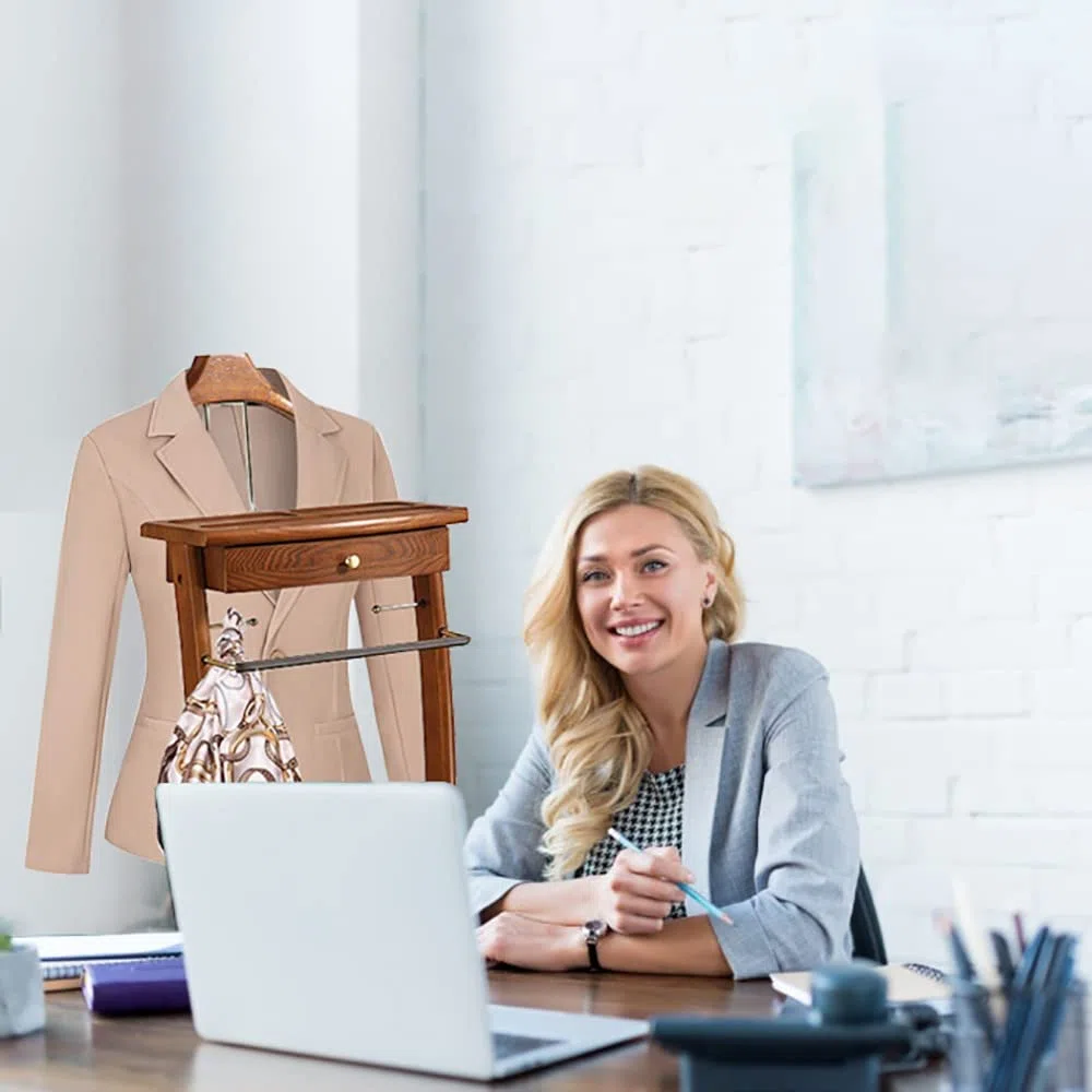 RajoNN Perchero de pie para Ropa, Perchero de Madera Maciza para Trajes, Organizador de pie para Ropa, Perchero con Percha y Barra para Pantalones para Oficina, Sala de Estar, Dormitorio