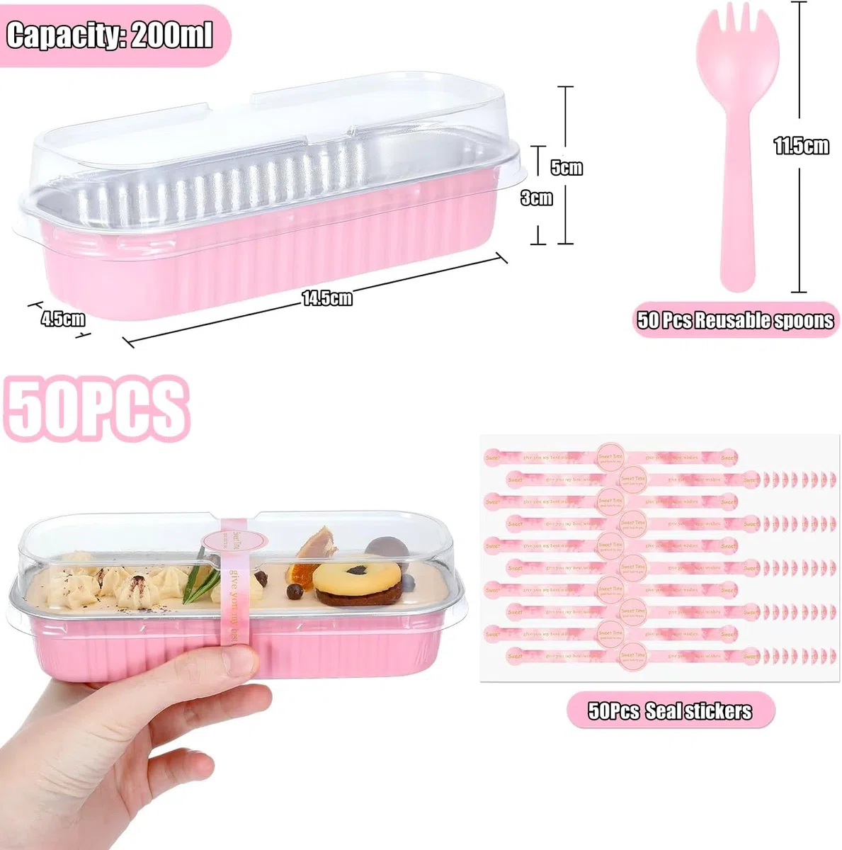 KAHEIGN 50 Piezas Mini Moldes Para Pan Con Tapas Y Cucharas, 200ml Rectangulares Aluminio Papel Contenedore para Hornear Pasteles con Pegatina de Sellado para Boda Cumpleaño Picnic Fiesta (Rosa Plata)