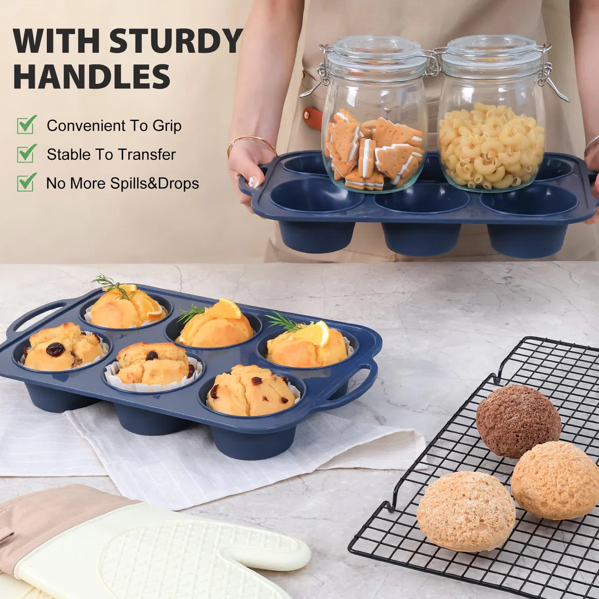 SUPER KITCHEN Grande Moldes Magdalenas Silicona con Asas, 6 Huecos, Esqueleto Metálico Externo, Antideslizante, Hornear Muffins y Cupcakes, Libre de BPA, Gris