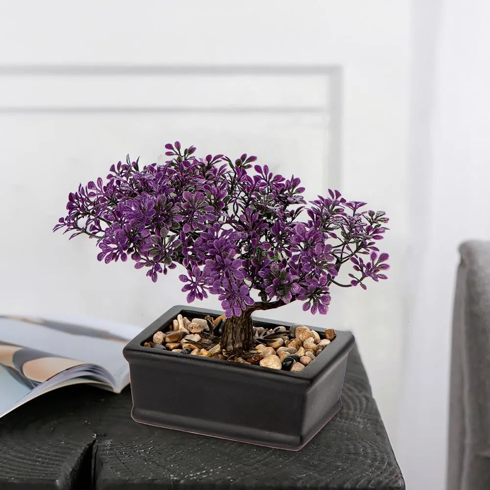 Hollyone Árbol Bonsái Artificial Morado de 6.5 Pulgadas, Planta de Interior Japonesa, Decoración Sintética para Hogar, Escritorio