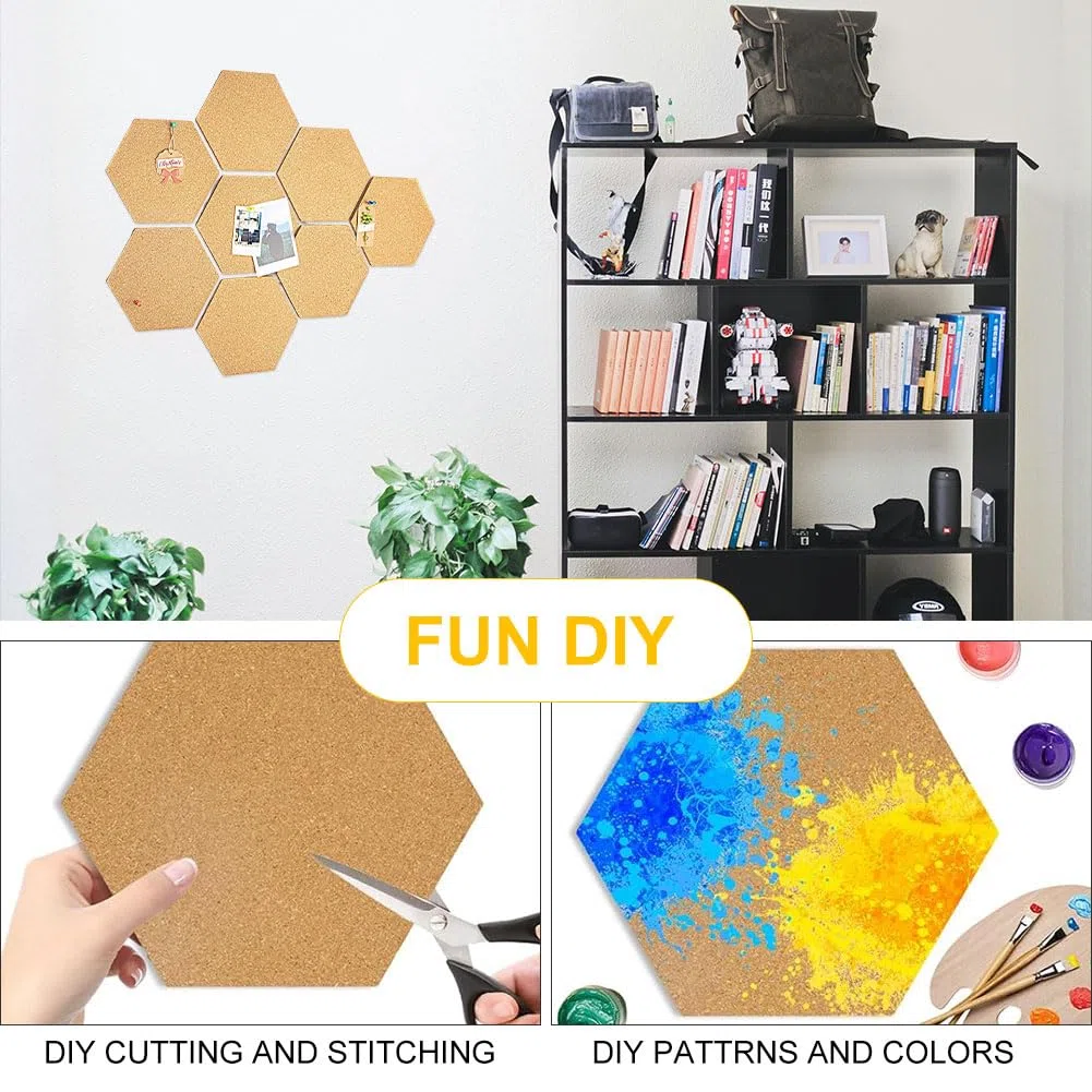 Corcho Pared Autoadhesivo, Pizarra Corcho Hexagonal, Placa Decorativa Hexagonal, Tablón de Anuncios, 5 Piezas Tablones Autoadhesivos con 50 Chinchetas, Placa Decorativa para Colgar Fotos