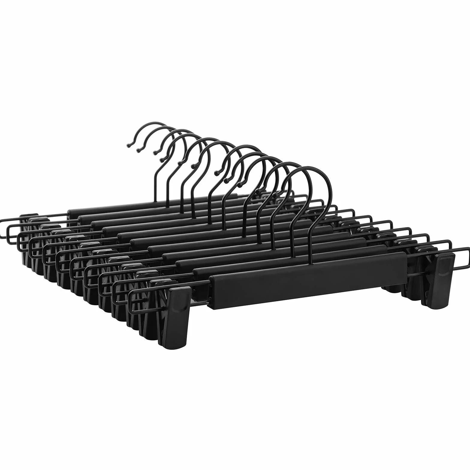 SONGMICS 12 Perchas para Pantalones, Alta Resistencia y Duradera con Pinzas, Perchas Plástica Faldas, Ahorran Espacio, Ganchos Giratorios de 360°, 35 cm de Largo, Negro CRP02BK12