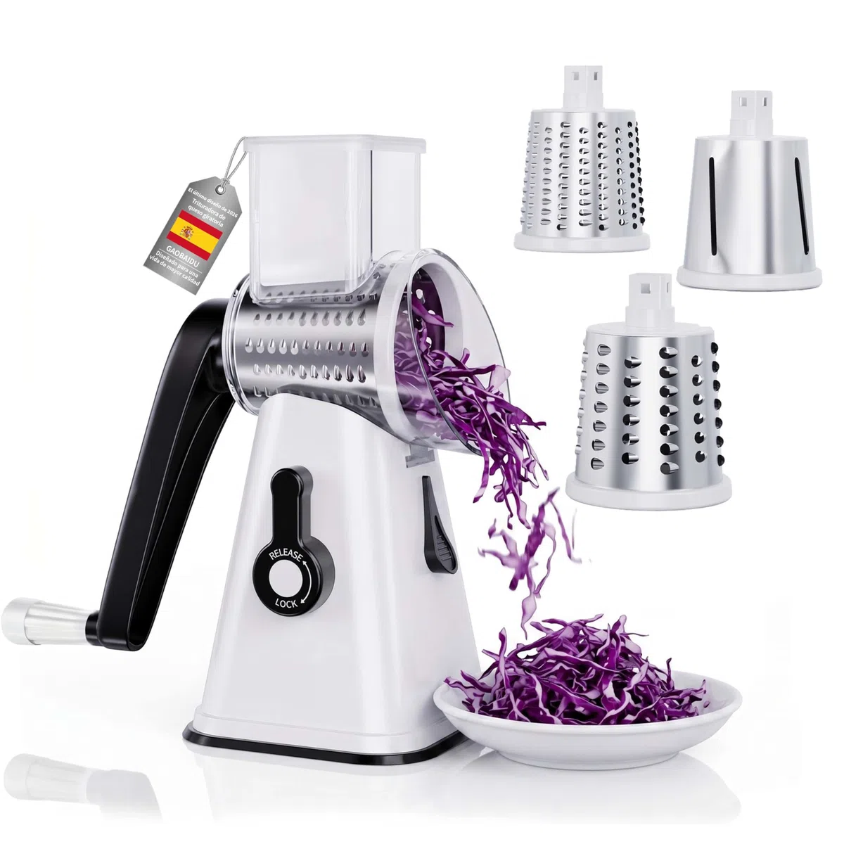 Rallador de queso giratorio manual,cortador de patatas,Artefacto de Picar Cocina con 3 Acero Inoxidable Cuchillas de Tambor para queso，verduras, nueces, patatas, zanahorias (Blancas)