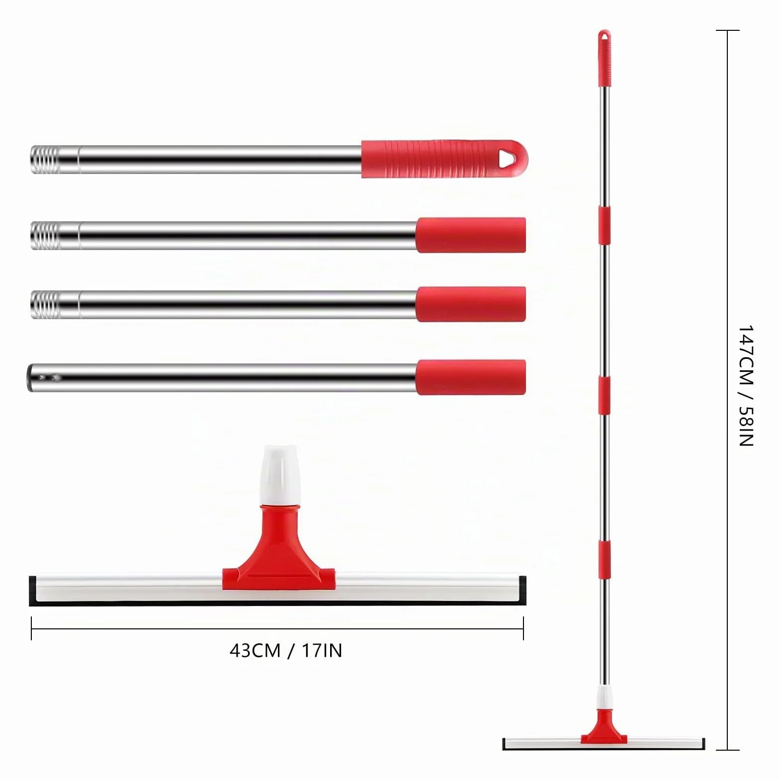 Mitclear Escobilla de Goma de 43cm para Suelo con Mango Ajustable(147cm), Escoba de Caucho de Alta Resistencia, Escobillas de Agua para Limpiar de Ducha, Azulejos, Baño, Garaje, Cocina, Patio, Jardín