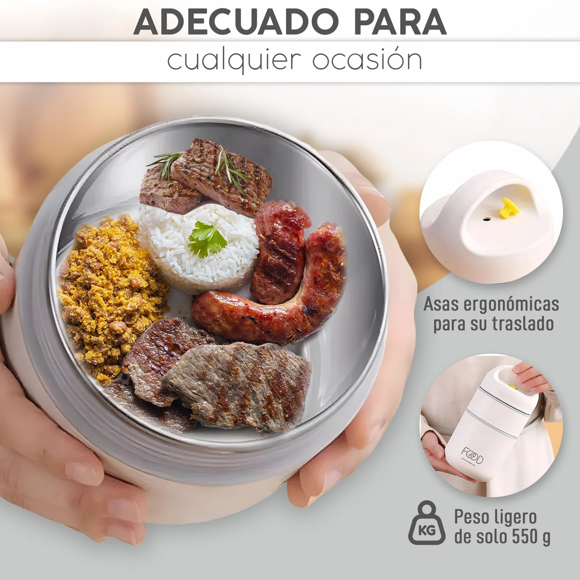 Lonchera semi termo para dos comida (660 ml) (blanca). Recipiente semi térmico adecuada para llevar comidas sin BPA con bolsa aislante de transporte para la comida del niño o adulto.