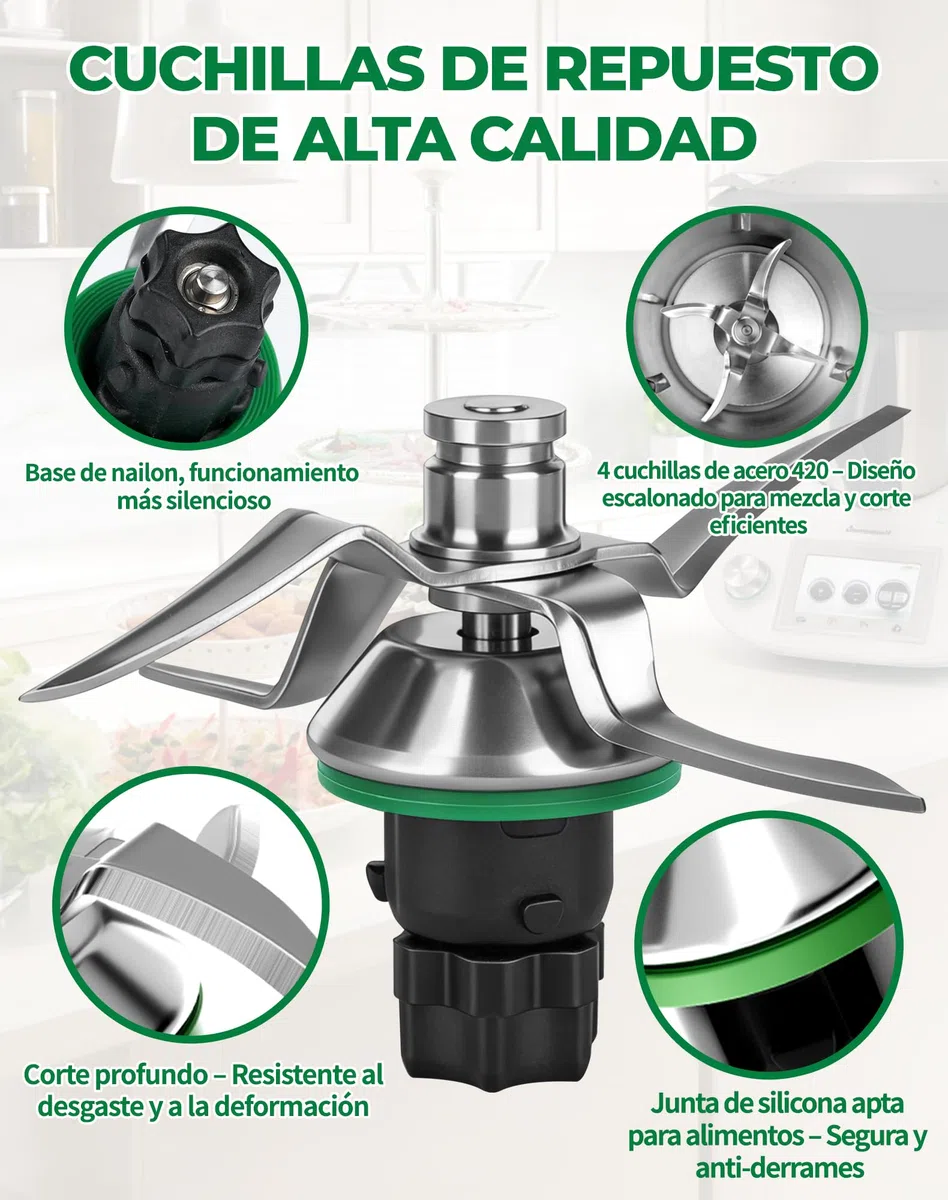 Cuchillas para Thermomix TM5, TM6 y TM7 – Cuchillo de Acero Inoxidable SUS420 con Junta de Sellado, Repuesto Compatible con Vorwerk Thermomix, Base de Nylon