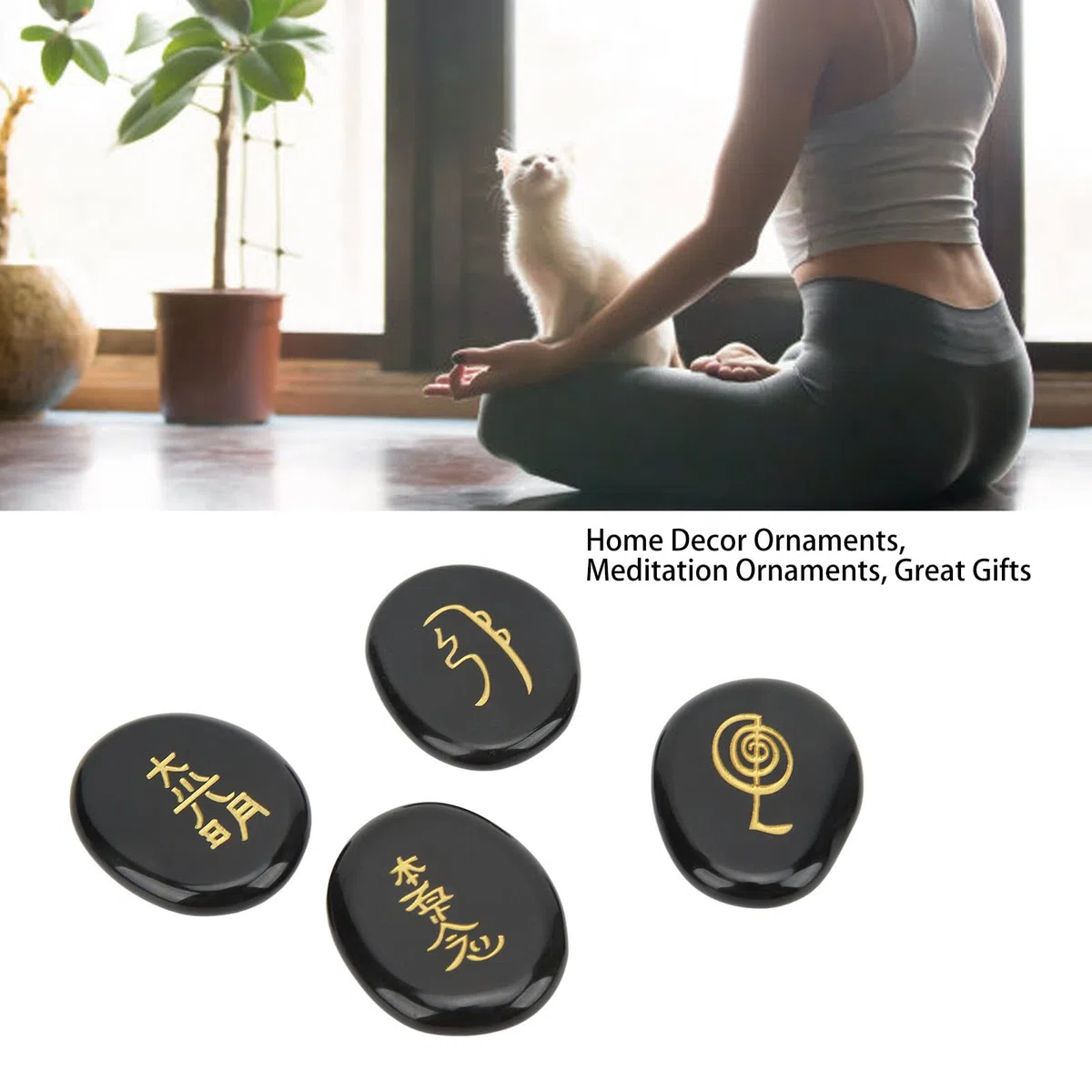 4 Piedras de Símbolos de Reiki, Símbolos de Chakra Grabados, Piedras Pulidas, Superficies Más Lisas, Piedras de Reiki Grabadas para Decoración del Hogar, Regalo de Adorno(Obsidiana)