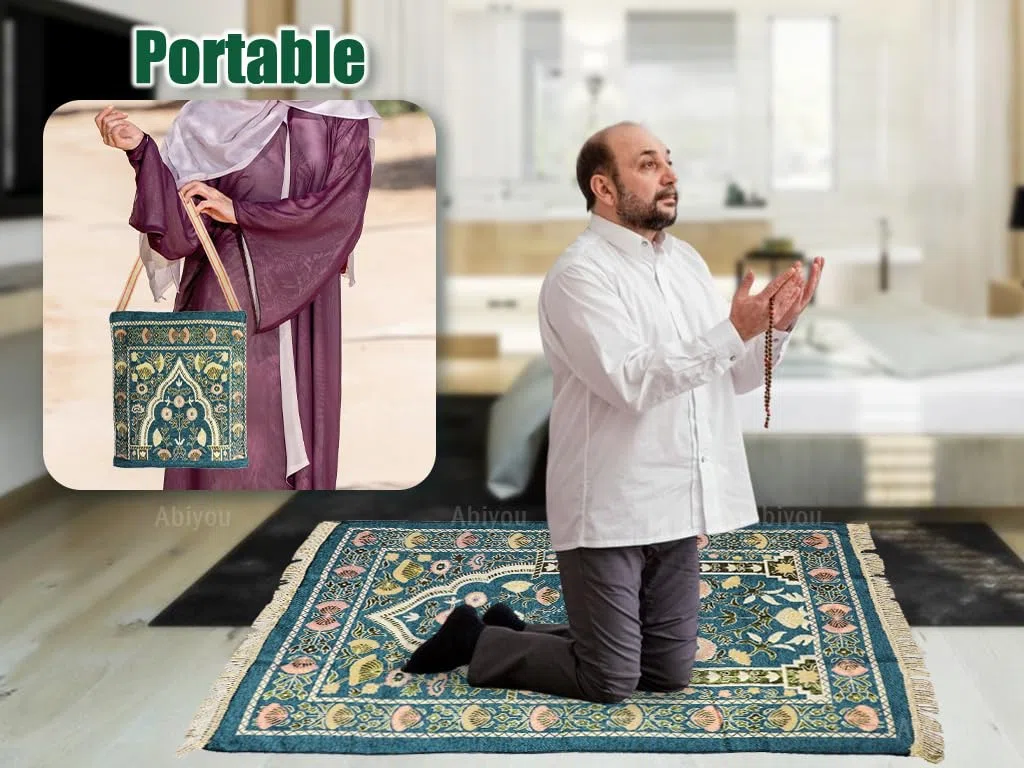 Alfombra de Oración Musulmana, Alfombra de Oración Islámica con Bolsa de Almacenamiento, Alfombra de Rezo, Estera Islámica de Oración, Soft Islámica Prayer Rug, para Ramadán (Verde Oscuro)