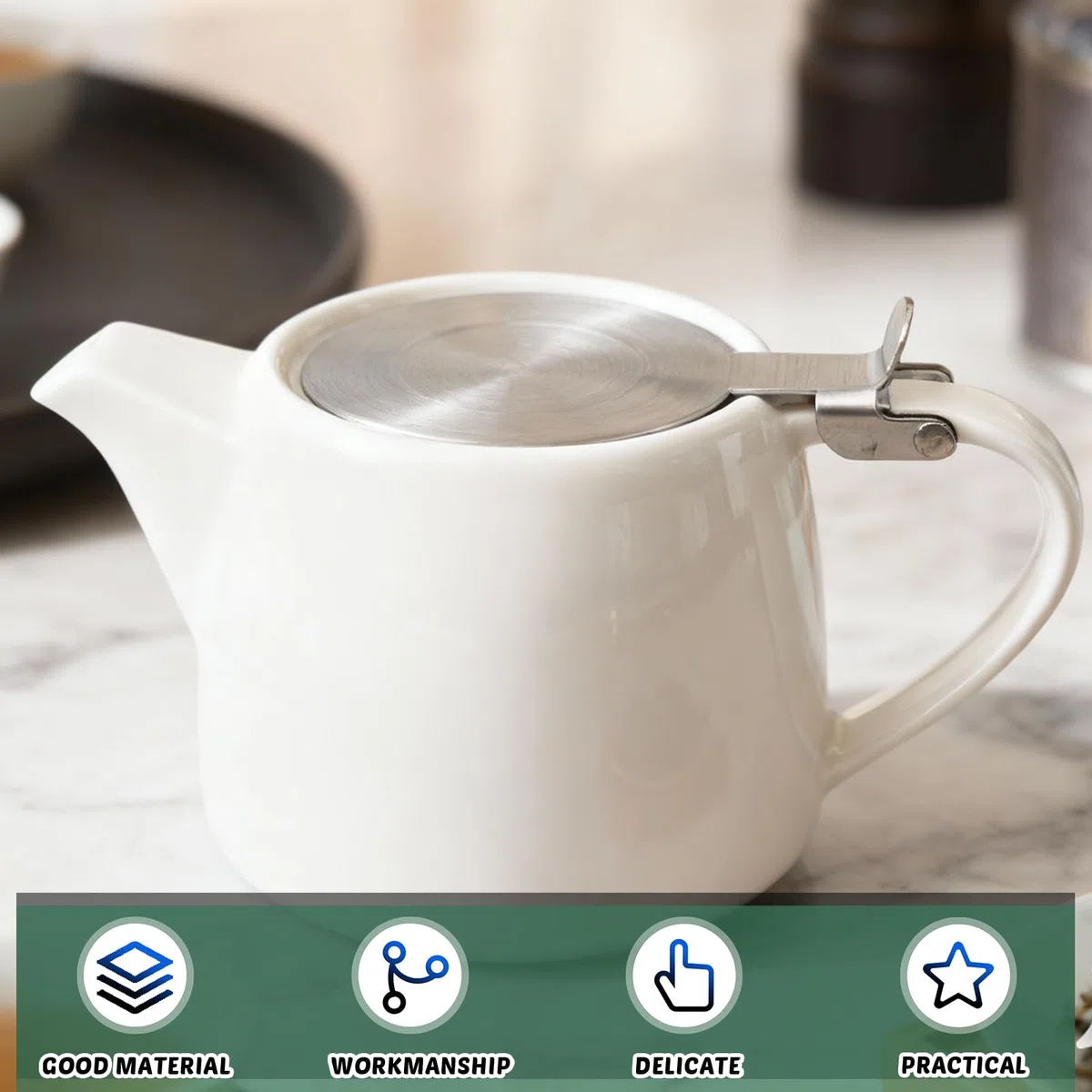 Tetera de porcelana: cafetera de cerámica blanca con colador, tetera de cerámica de 500 ml con tapa de acero inoxidable, tetera para café, vajilla de porcelana, tetera