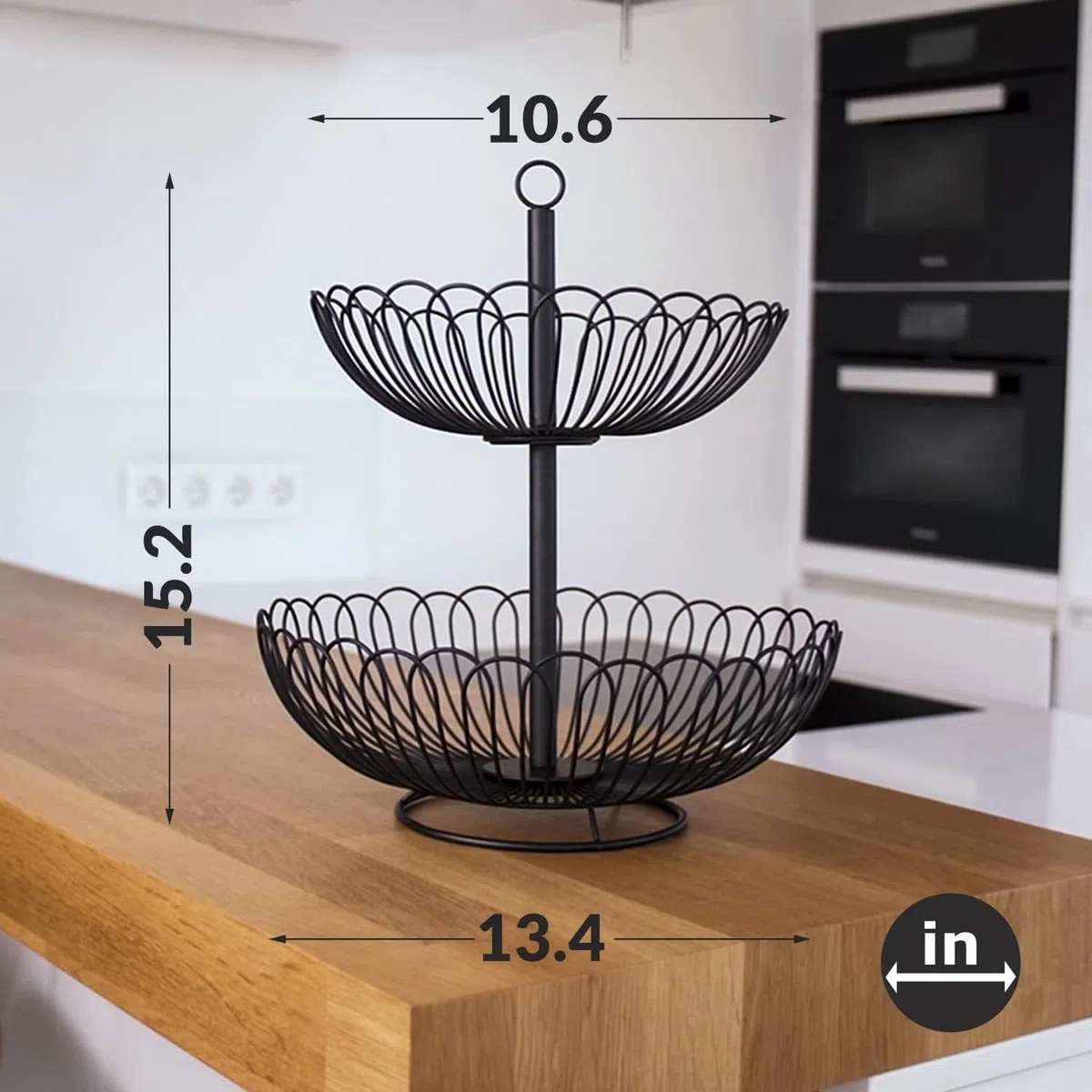 Chefarone Frutero de 2 Pisos – Cesta de Frutas Metálica Negra Estilo Vintage para Encimera y Mesa – Organizador de Cocina para Frutas, Verduras, Pan y Postres