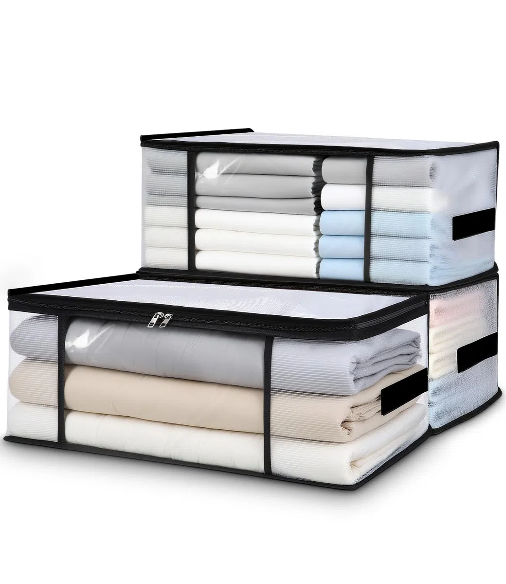 3 Cajas Almacenaje Ropa Transparente 35L,Bolsa Almacenamiento Ropa con Asas,Cajas Organizadoras,Cajas de Almacenamiento,Cajas Plegables para Armario o Debajo de la Cama,Bolsas para Ropa,Mantas