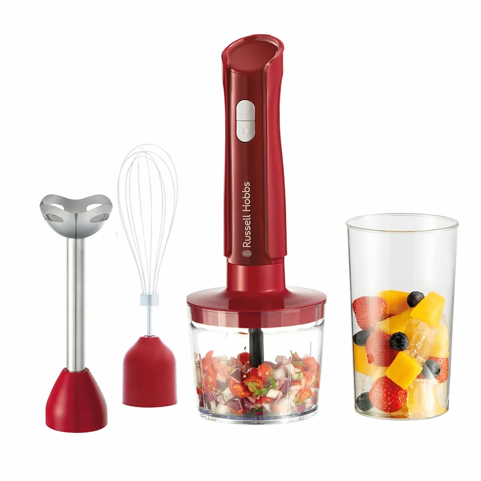 Russell Hobbs Batidora de mano [3 en 1] Desire Red (Triturar, Batir y Picar, Recipiente 500 ml + Vaso 600 ml, Acero inoxidable, 2 Velocidades + Pulso, Sin BPA, Accesorios Aptos Lavavajillas) 27142-56