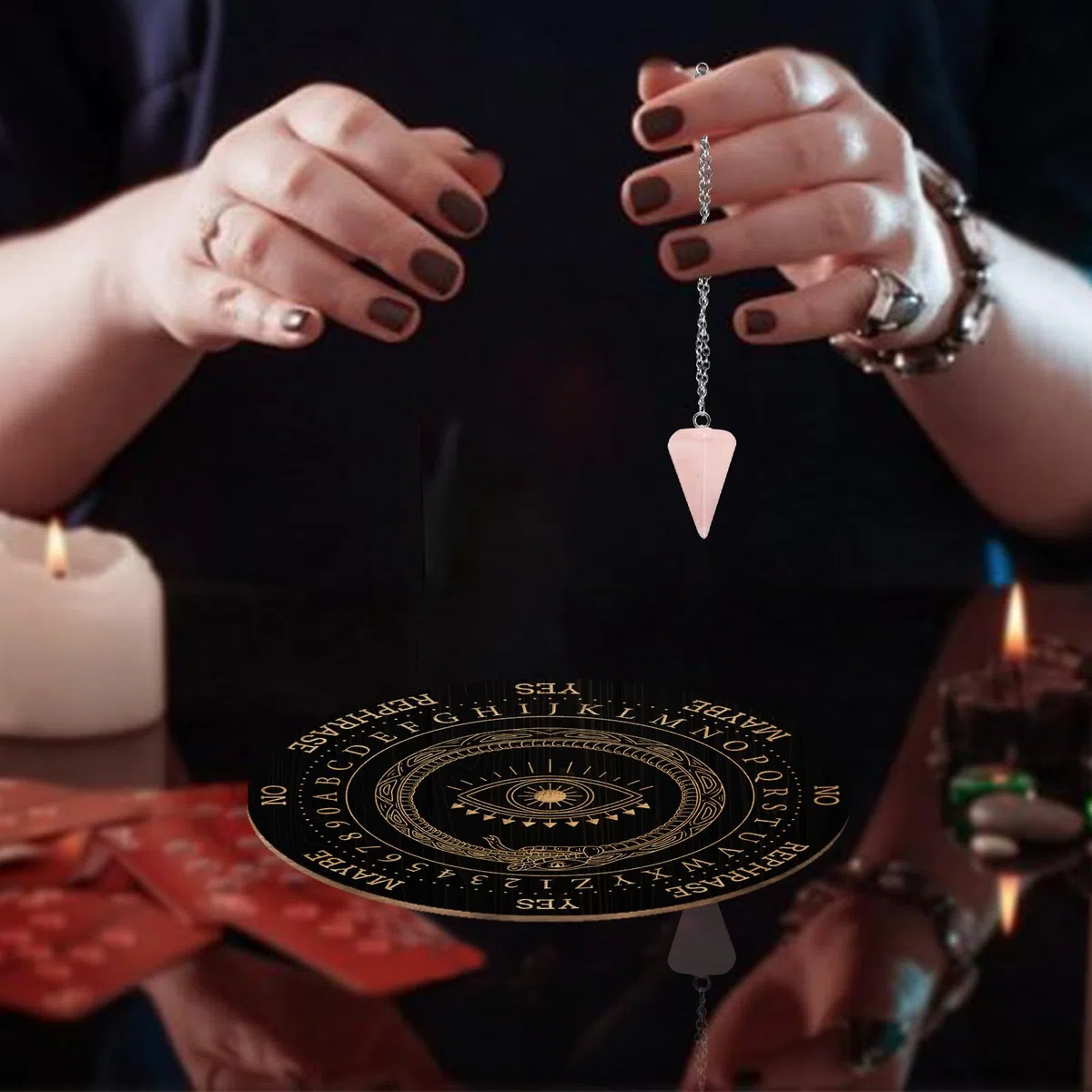 AHANDMAKER Juego de tablero de péndulo, tablero de madera para adivinación, tablero de mensajes metafísicos con collar de péndulo de cristal para brujería, kit de suministros de altar wiccano,