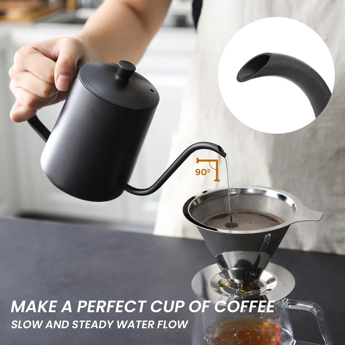 Hervidor pequeño con cuello de cisne negro, pico largo y estrecho, 550 ml, acero inoxidable, mini hervidor de agua para té, gotero para verter sobre café, agua fría y caliente