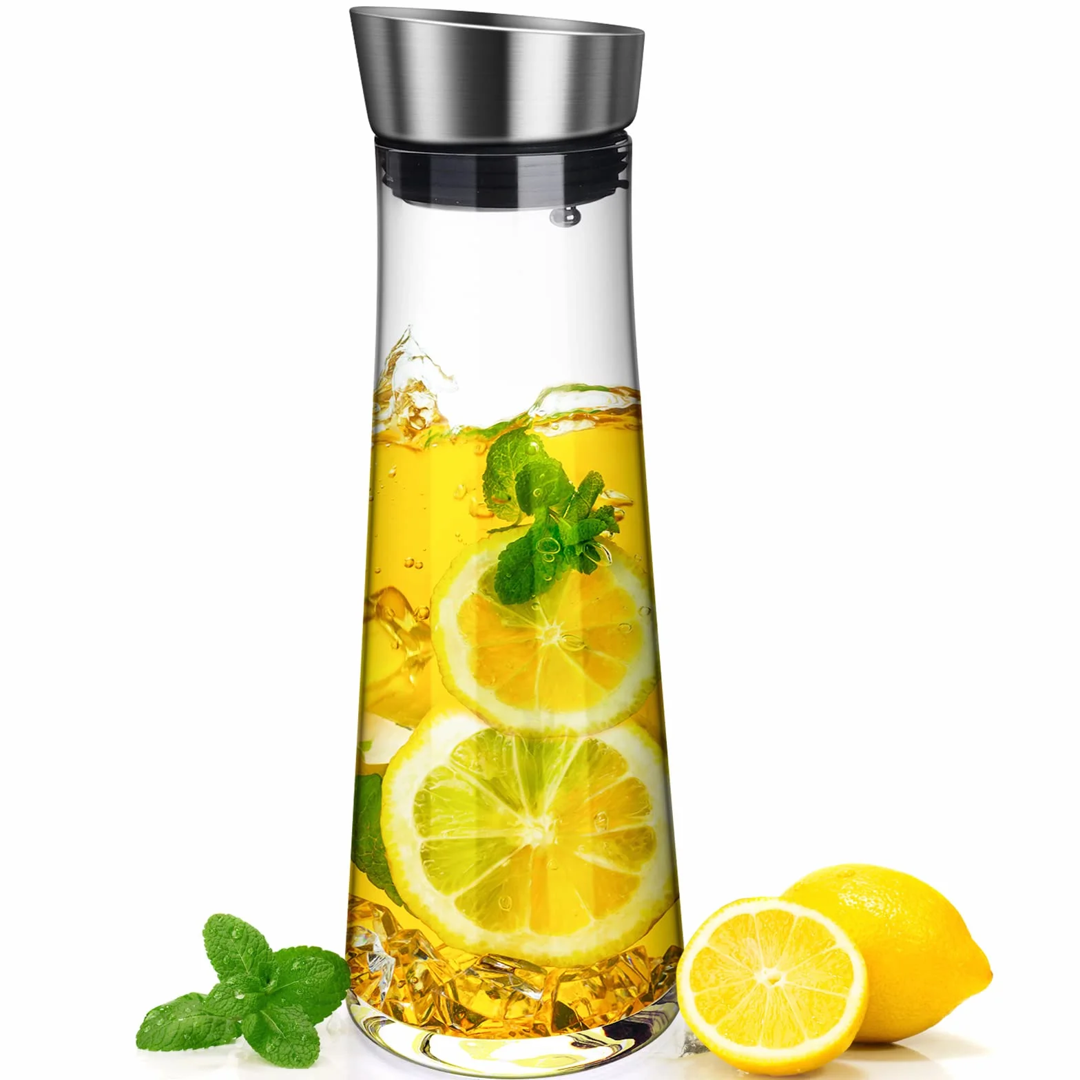 Jarra de vidrio de 1 litro con tapa de acero inoxidable, resistente a los borosilicatos para agua, leche, jugo y limonada
