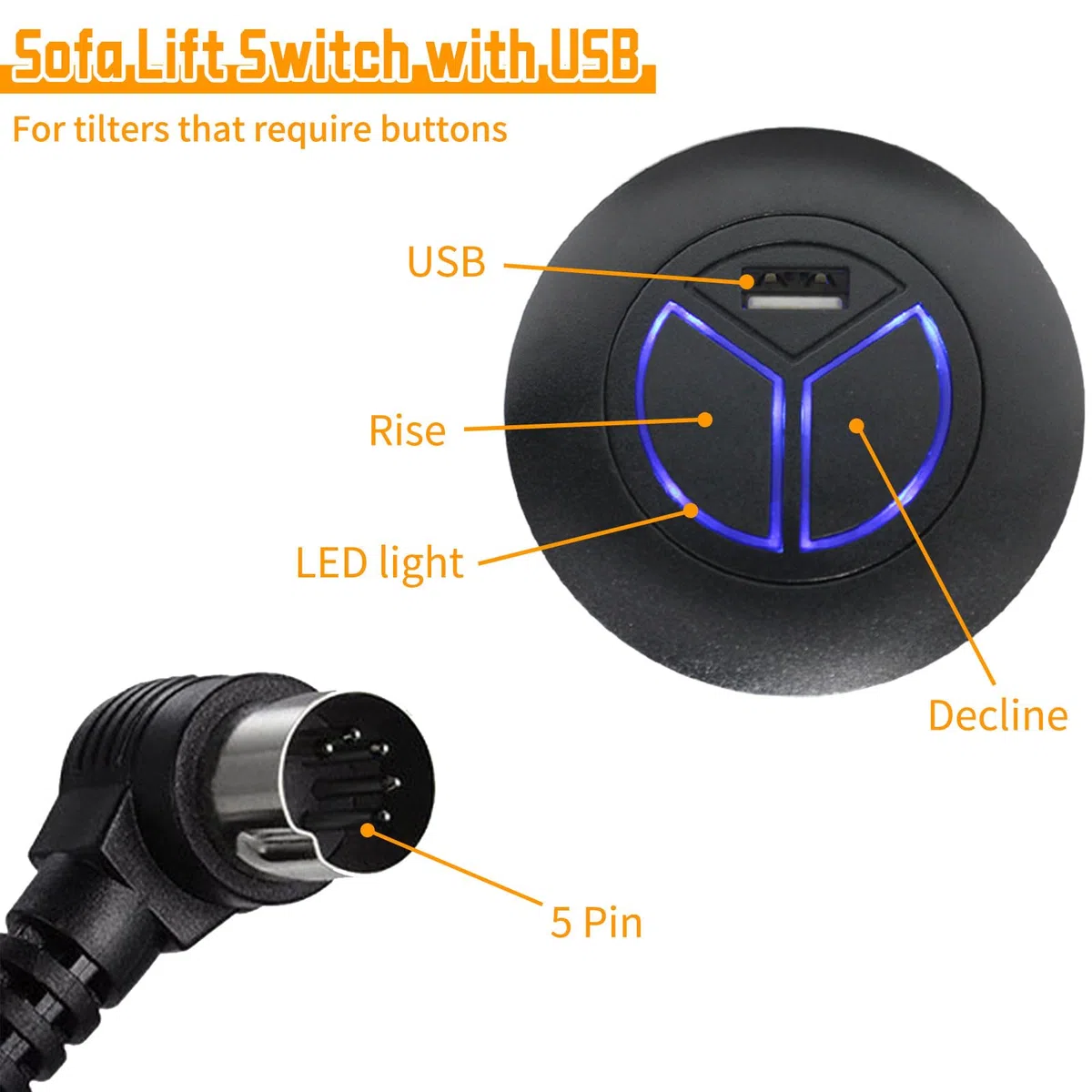 5 Pines Controlador Interruptor Eléctrico con USB y 2 Botones para Silla Reclinable, Soporte Universal Sofá Control Manual Redondo Eléctrico, Reemplazo para Sillón Reclinable o Elevador Fijo
