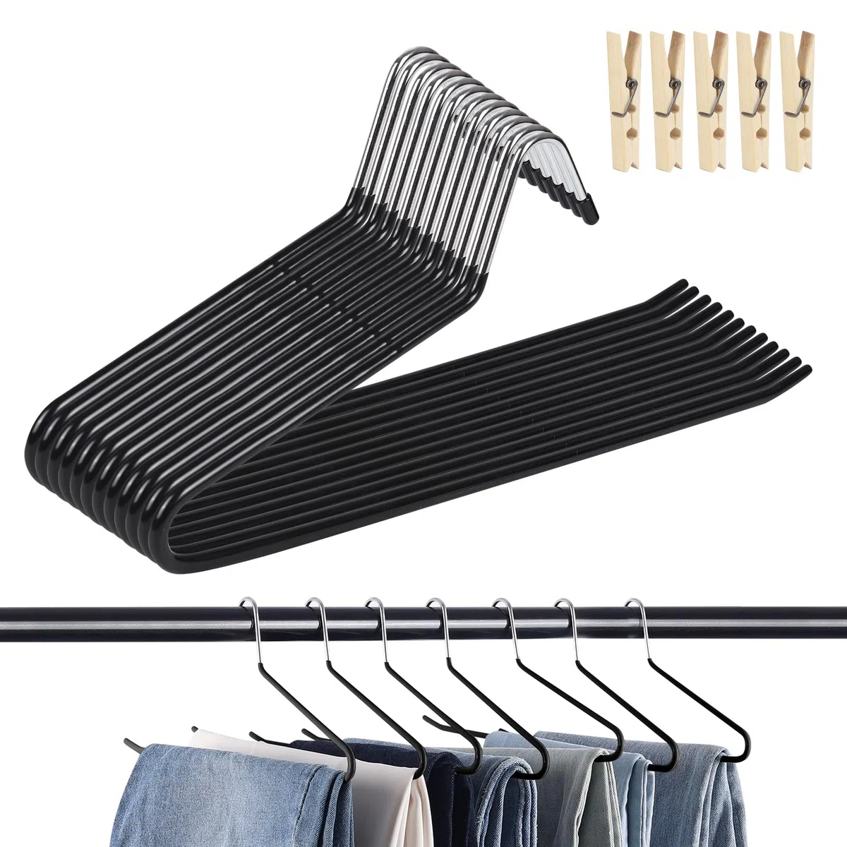 Set de 12 Perchas para Pantalones, Antideslizante Perchero Ahorradoras de Espacio con 5 Clips, Estante para Pantalones Multifuncionales para Pantalone, Jeans, Ropa, Toallas (Negro)