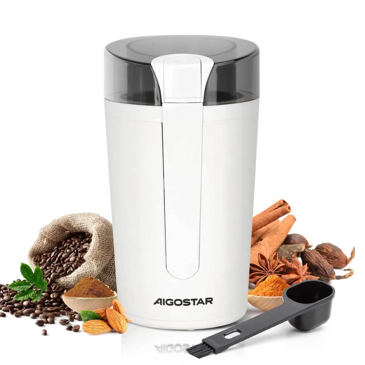 Aigostar Blanche - Molinillo de Café Eléctrico, con Cuchilla de Acero Inoxidable, Semillas Especias Frutos Secos Molinos de Cuchillas de 200W Potencia, Capacidad 60gr con Cepillo para Limpieza, Blanco