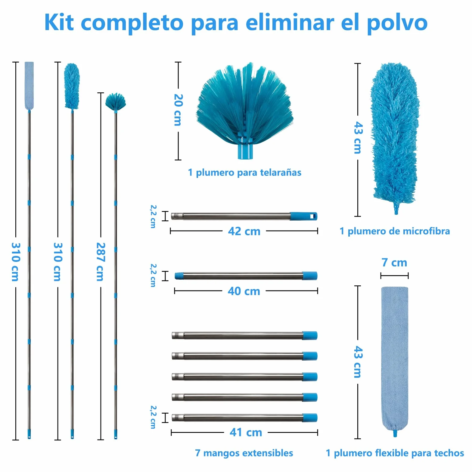Terafeels Plumero telescópico largo de 310 cm, lavable, con 1 escoba de esquina flexible y 1 removedor de telarañas para limpieza debajo del sofá, muebles, ventilador de techo, telarañas (azul)