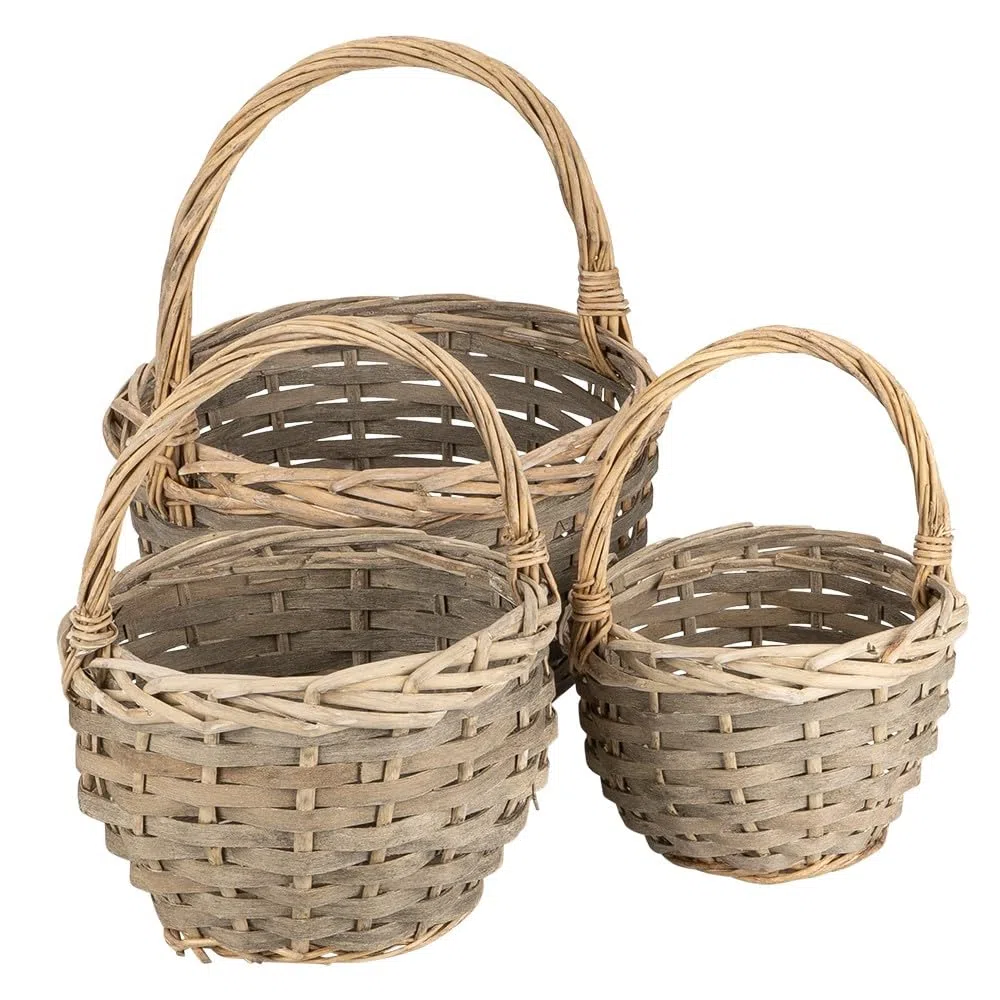 Ideen mit Herz Set de cestas de mimbre | 3 cestas en diferentes tamaños: diámetro 14, diámetro 18, diámetro 21 cm | con asa | trenzadas | redondas | pequeñas | Ideal como regalo o cesta de regalo
