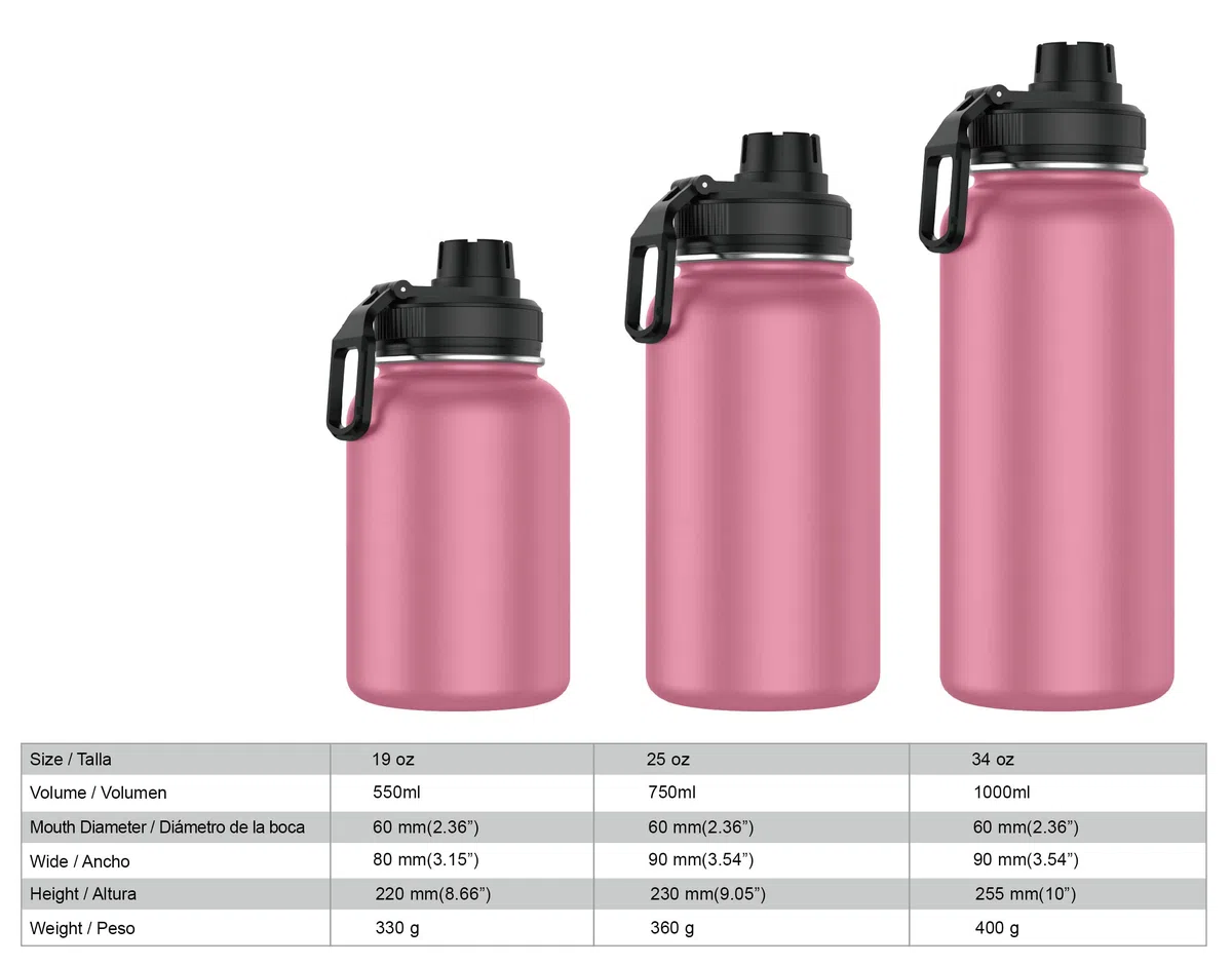 Mi Ko Mi Ka Botella de Agua de Acero Inoxidable - Botella Térmica Reutilizable Deportiva | Sin BPA | Mantiene Frio y Calor | Termo y Hermética - A Prueba de Fugas (1 Litro V2, Rosa)