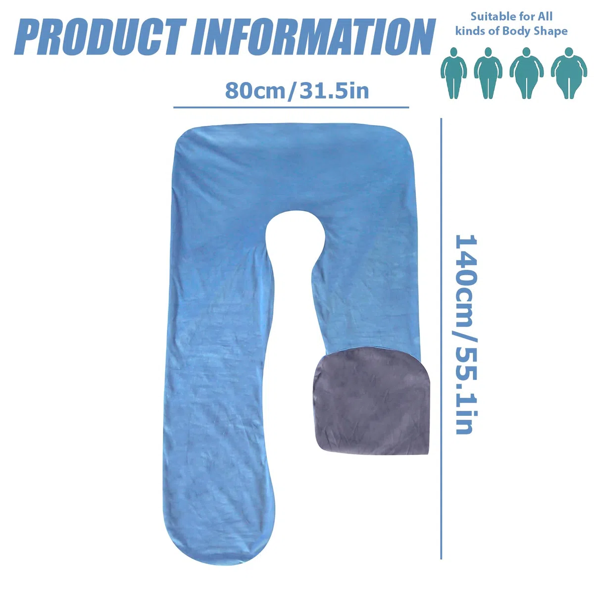 Funda de almohada de maternidad en forma de U, funda de almohada extraíble de algodón en forma de U para maternidad, funda de almohada de repuesto para adultos, lavable a máquina, 140 x 80 cm,