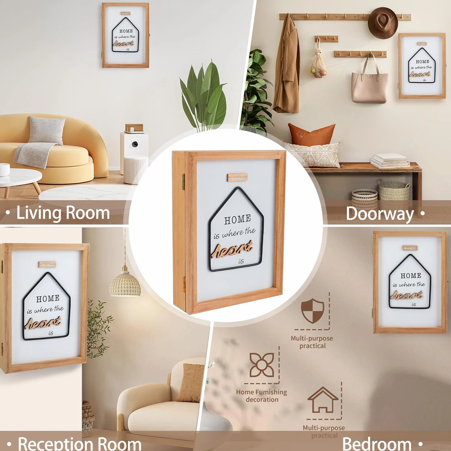 Caja Llavero de Pared Tipo Armario de Madera para Llaves con 6 Ganchos Estilo Nórdico - 27x20x6.5cm