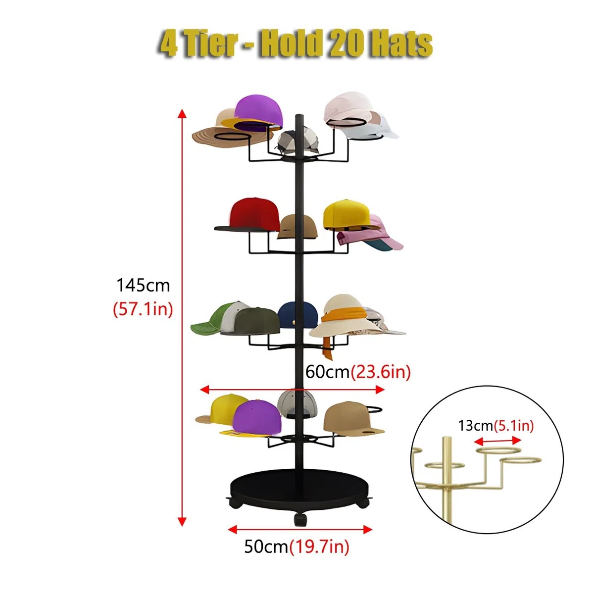 Expositor de Sombreros, Estante de Almacenamiento de Sombreros de 4, 5, 6 y 7 Niveles, Torre de exhibición de Gorras de Metal Independiente con Ruedas giratoria,White-4