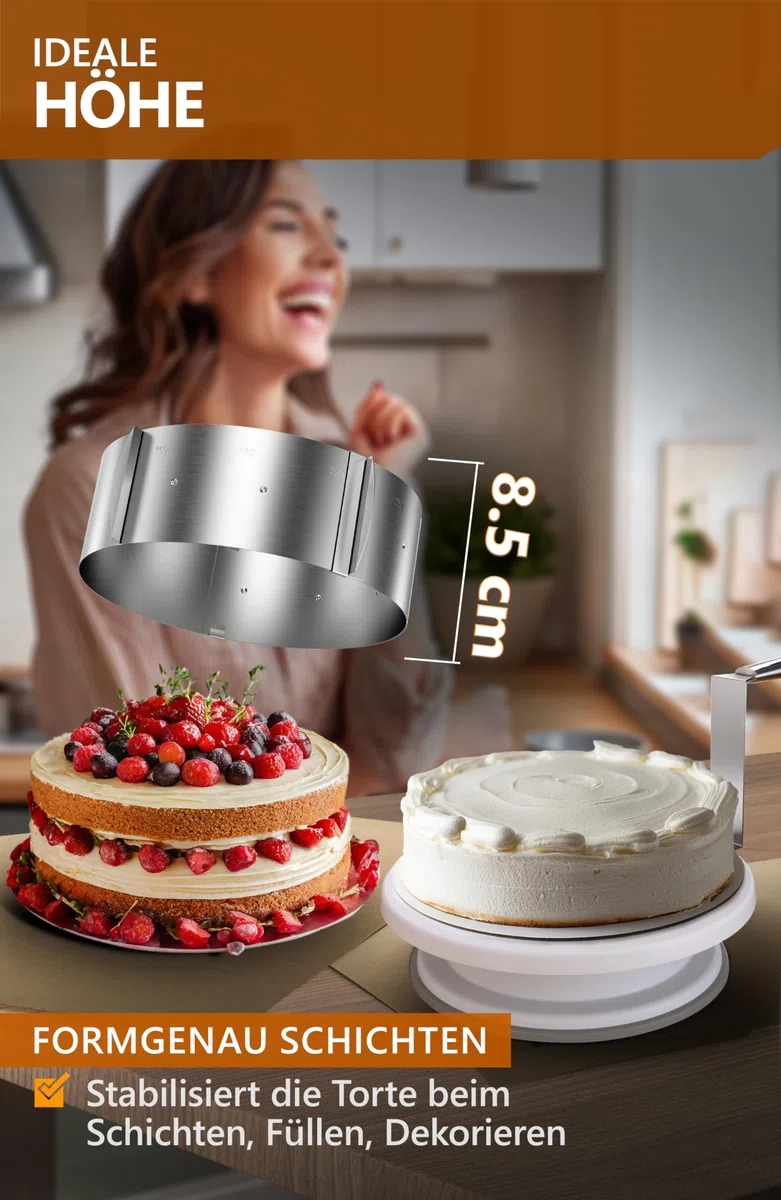 4smile Molde para tarta - Tartas de ensueño para cualquier ocasión - Molde redondo de acero inoxidable ajustable mediante pinzas - Altura: 8,5 cm – Made in Germany