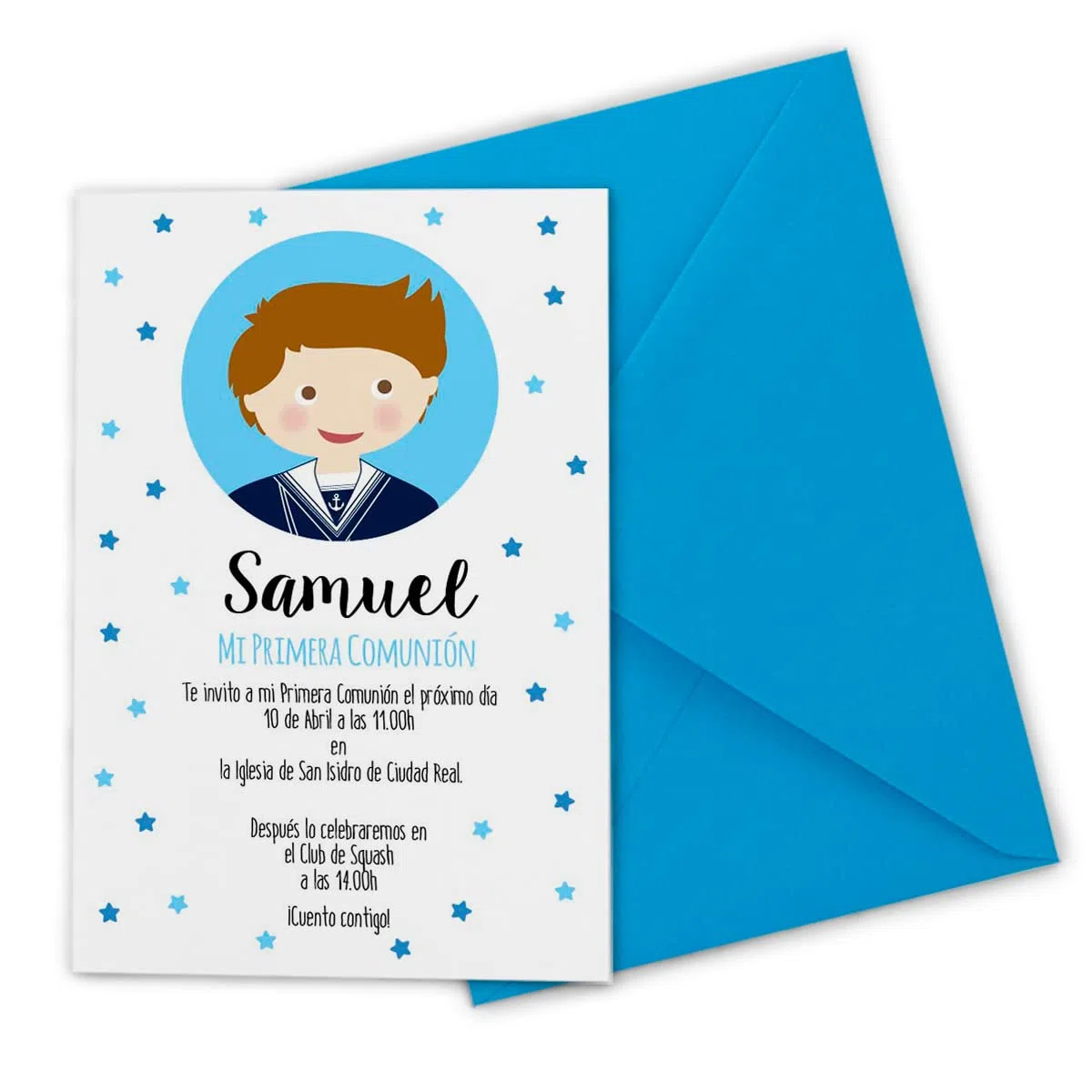 Invitaciones comunión ESTRELLAS personalizadas. (Pack 12 tarjetas +sobres) Niña o niño. Elige color del diseño y el sobre. Tarjetas de invitaciones Primera Comunión