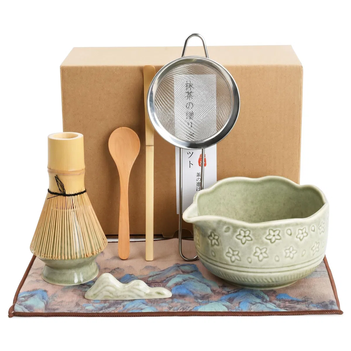 Kit Matcha 8 Piezas, Set Ceremonia Té Japonés con Cuenco 550ml, Batidor, Soporte Chasen, Cuchara Chashaku, Porta Cuchara, Colador y Paño