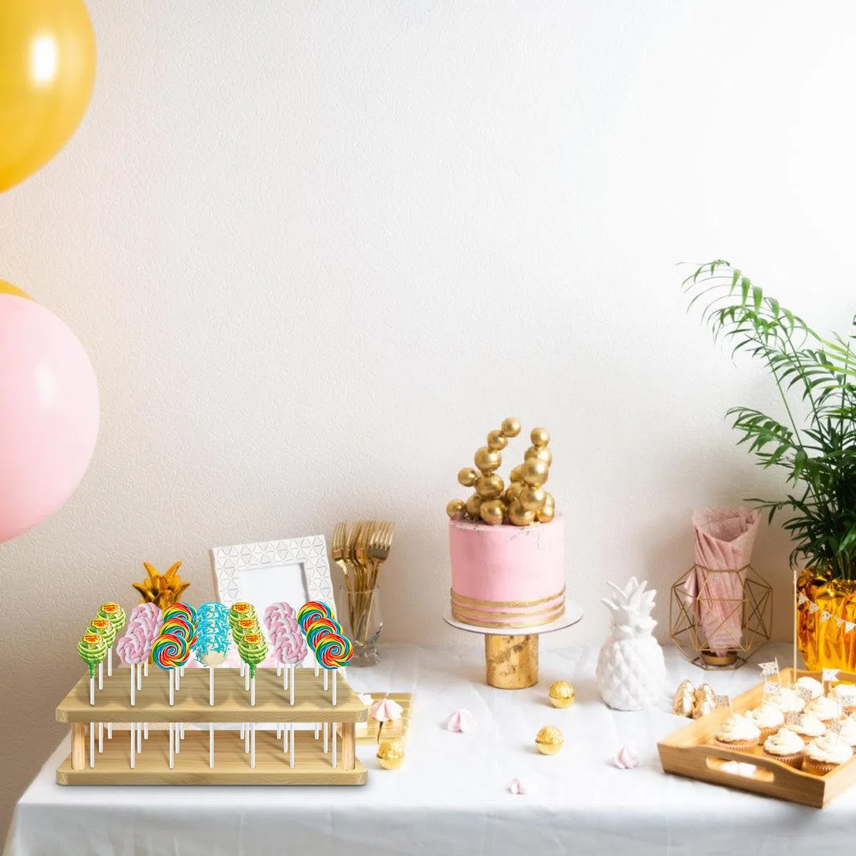 Soporte para Cake Pop: Madera Soporte de Piruletas de 21 Agujeros con 100 Palitos de Papel Blanco, Soporte para Piruletas para Bodas, Fiestas de Cumpleaños, Baby Showers, Aniversarios