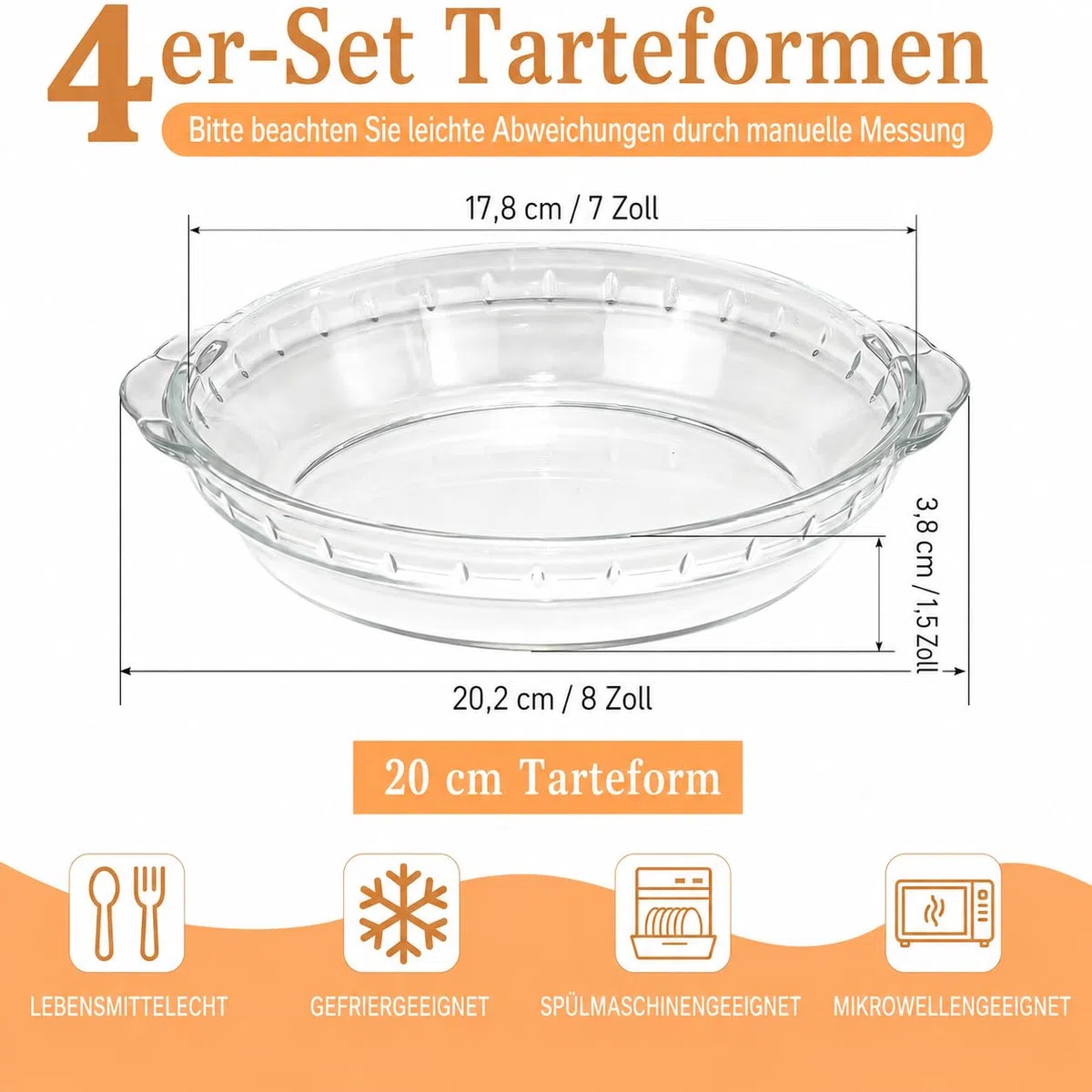 4 moldes de cristal para tartas con asa, 20 cm, redondos, molde para tartas, molde para tarta, molde de cristal resistente al horno para quiche, tartas, aperitivos, ensaladas, postres, tartas de