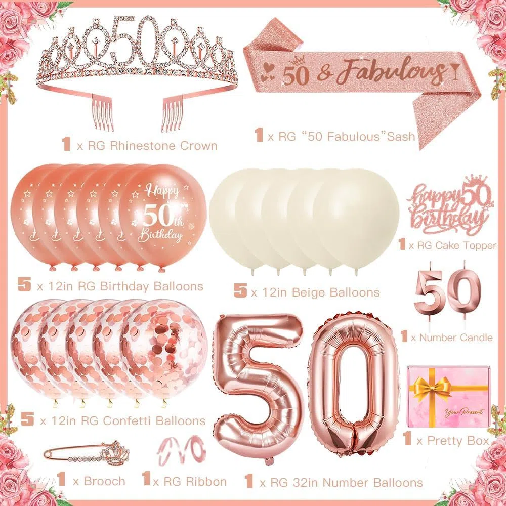 50 Años Corona Banda Mujer Tiara y Faja de Oro Rosa, Globos, Velas Números 50, Topper de Tarta, Decoración Fiesta Cumpleaños