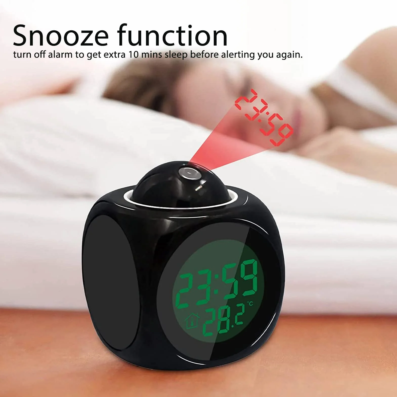 Sxhlseller Reloj Despertador con Proyección LED, Proyector de Pared de Techo Digital con Función de Conversación por Voz, Pantalla de Temperatura Interior, Repetición de Alarma: Batería o
