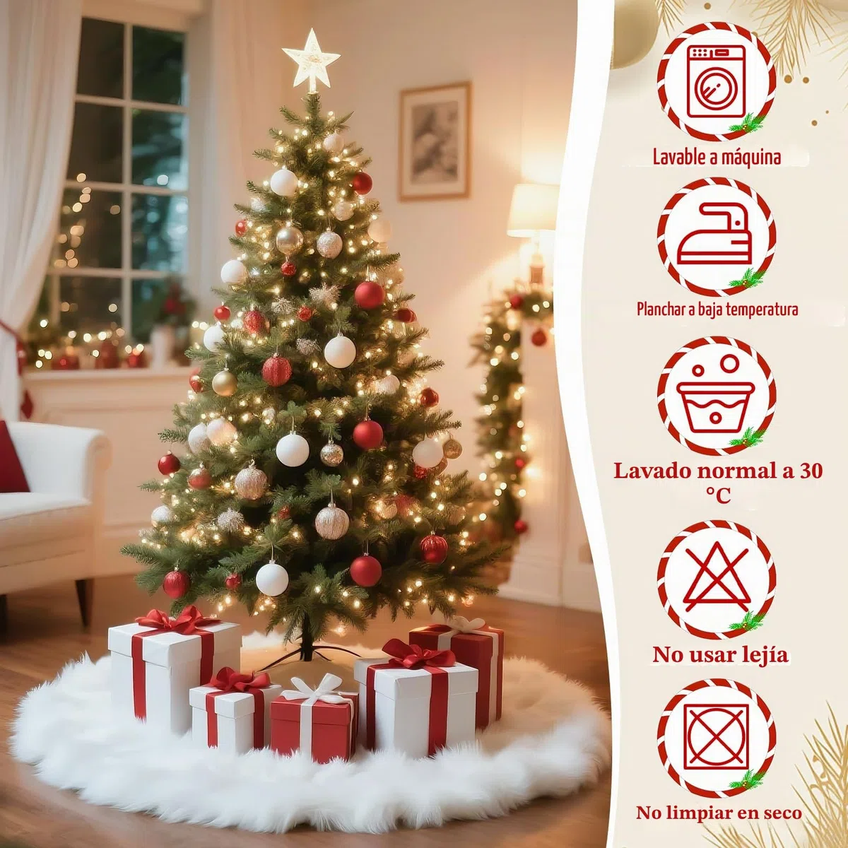 Faldón para Árbol de Navidad 90cm, Cubresuelos de Pelo Blanco Suave con 5 Adhesivo para Fijar alfombras para Decoración de Árbol de Navidad, Decoración Navideña para Interior