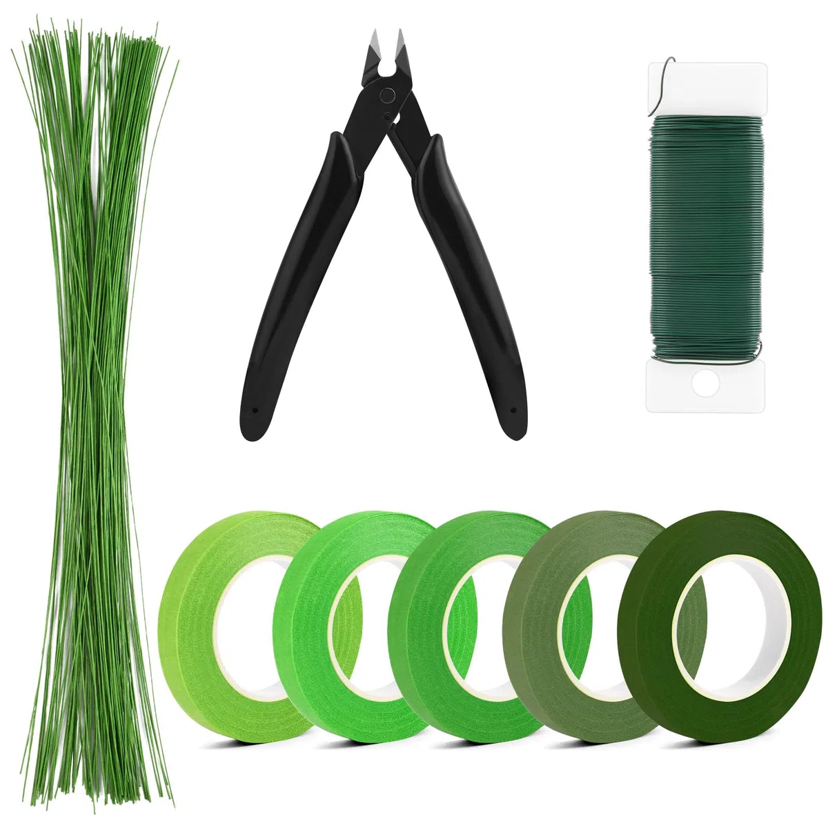 Kit de arreglo floral, incluye 5 Rollos de Cintas Florales, 35m Alambre Floral, 100pcs Alambre Tallo Verde Floral y Alicates Corte, Herramienta Florales para Hermoso Arreglo de Ramo