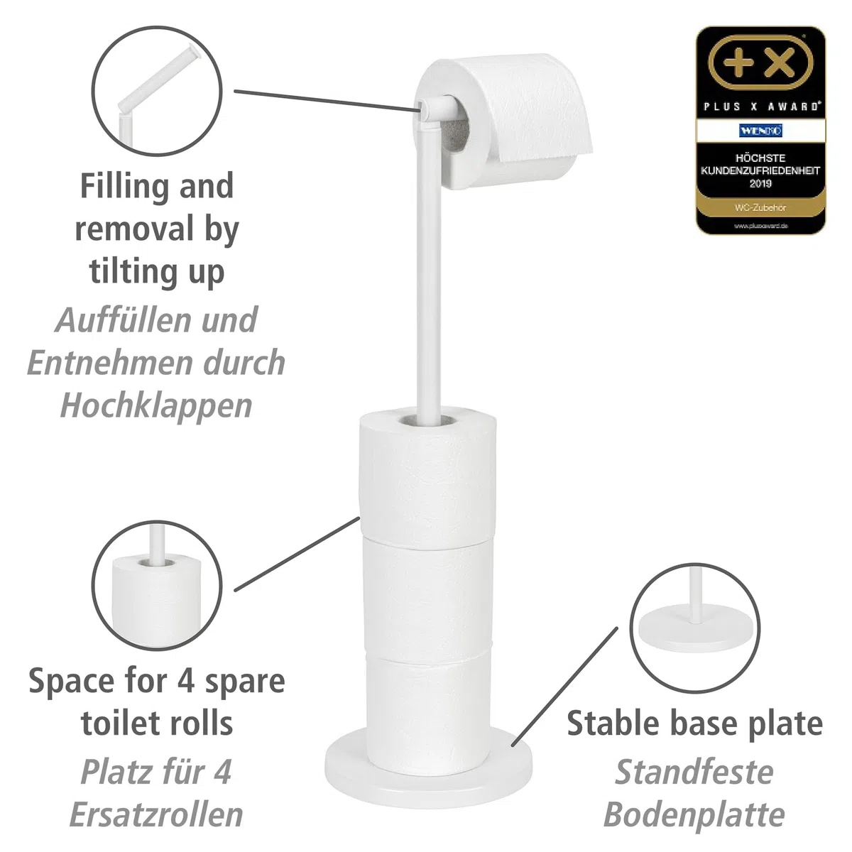 Wenko Portarrollos de pie 2 en 1 Blanco Mate, Acero, 21 x 55 x 17 cm, Blanco