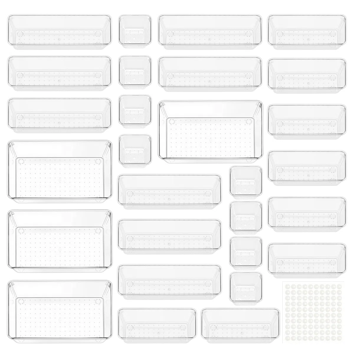 28 Piezas Organizadores de Cajones, Organizador de Maquillaje de Plástico Transparente con 4 tamaños, Bandejas de Almacenaje para Maquillaje, Cocina, Tocador, Oficina