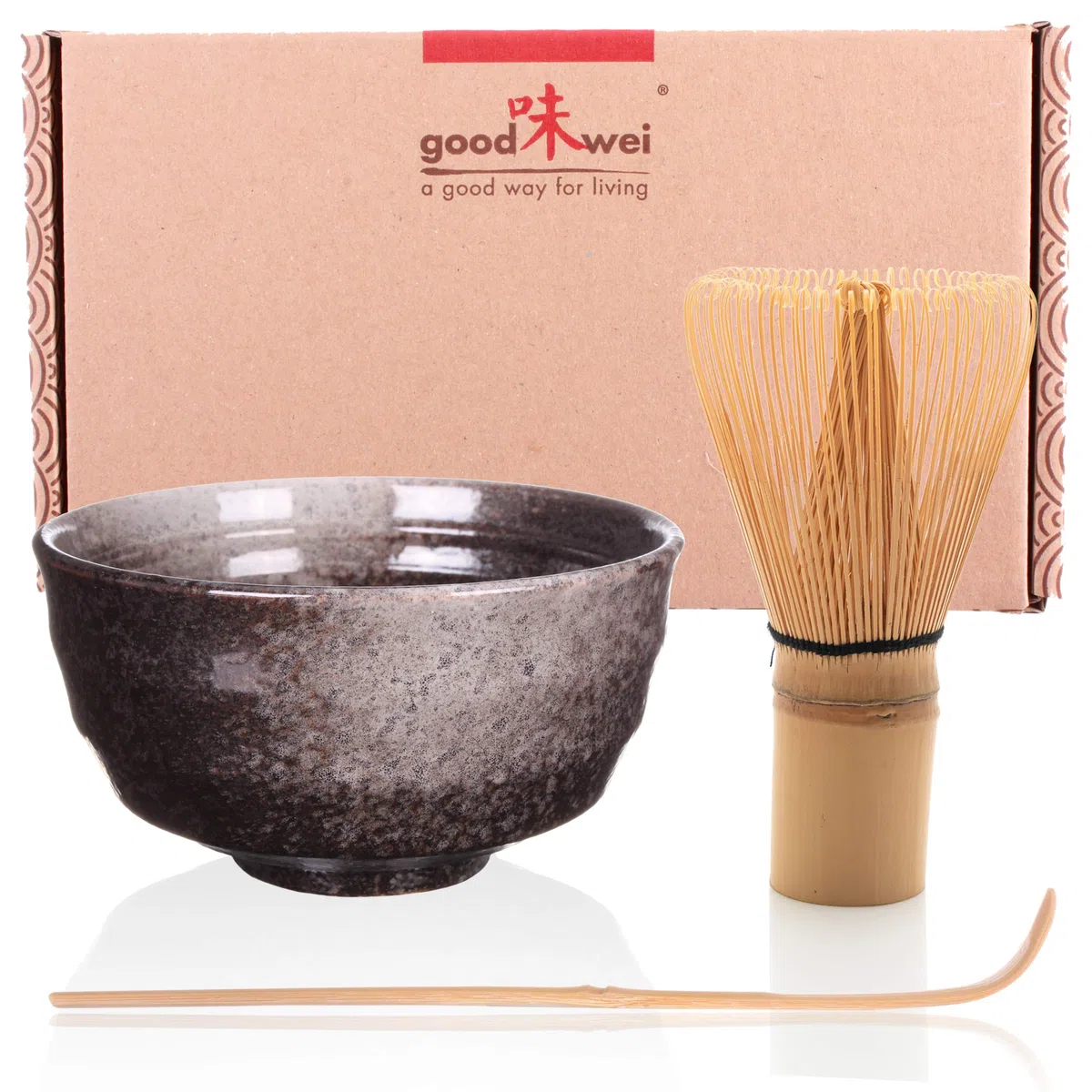 Goodwei Matcha Kit con cuenco de cerámica, batidor de matcha y cuchara de bambú | Matcha Set de regalo para principiantes (Goma)